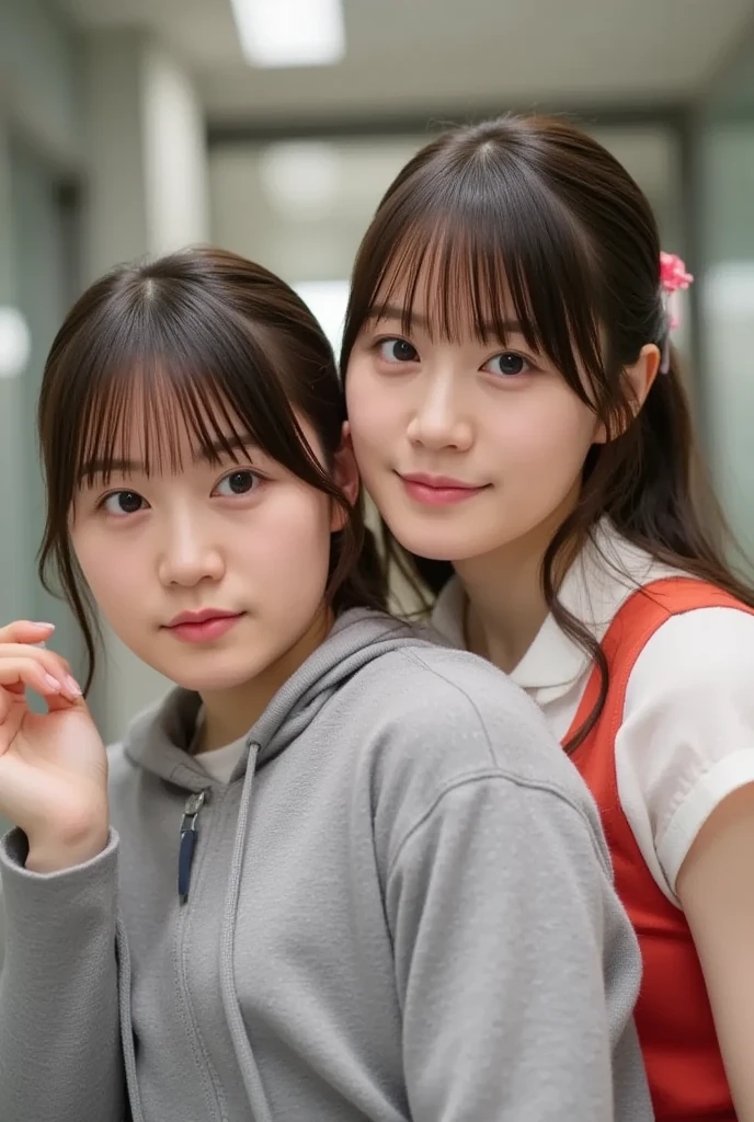 Kasumi Arimura, twin sisters, doppelganger, 18 years old, hoodie, hug, park