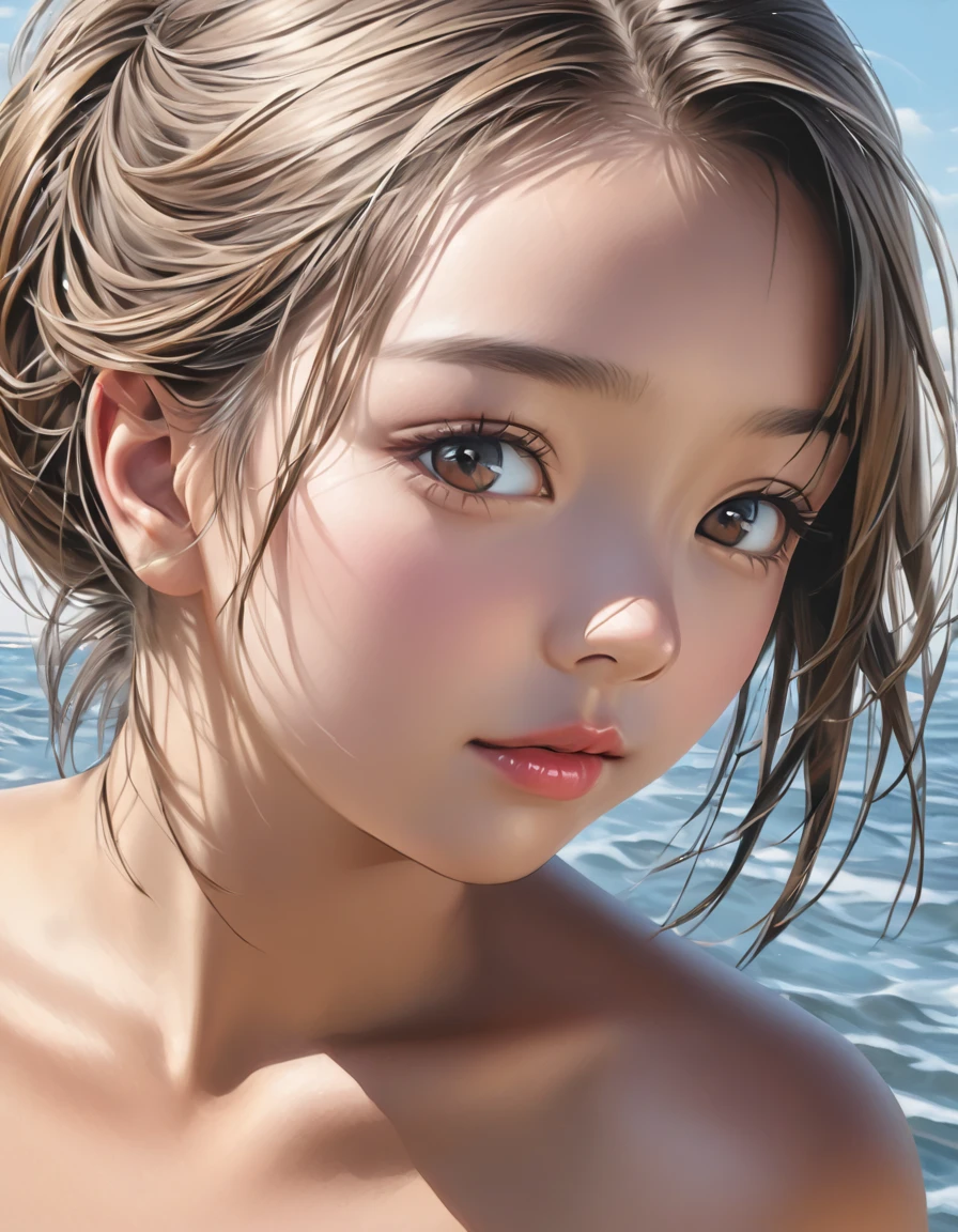 (12years old:1.4),(Very Young Face), (japan Person femes idol), 1girl, (complete Nude:1.4),(medium Breast:1.4),)(pink nipples:1) Stroll along the seaside, sunshine, (masterpiece:1.0),(best_quality:1.0), ultra high res,4K,ultra-detailed, photography, 8K, HDR, highres, (perfect anatomy:1.4),(Beauty of form:1.4) Golden ratio, big eye,(nature's providence:1),(beautiful skin:1.4),