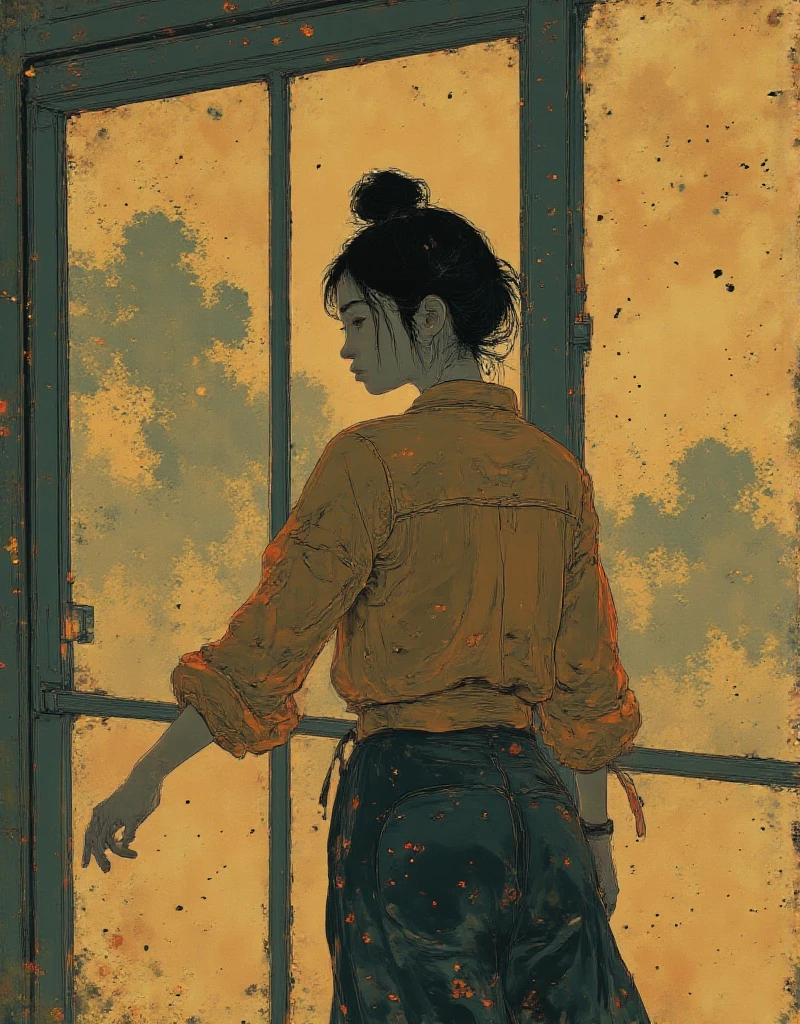 stunning minimalist painting, by Claude Monet, by Van Gogh, by Andrew Wyeth, by Hasui Kawase, nude young woman, loneliness, shy, kind, wide shot, open window, seascape, sunset, split complementary colours, light and shadow, volumetric lighting, thick black outlines, masterpiece,
