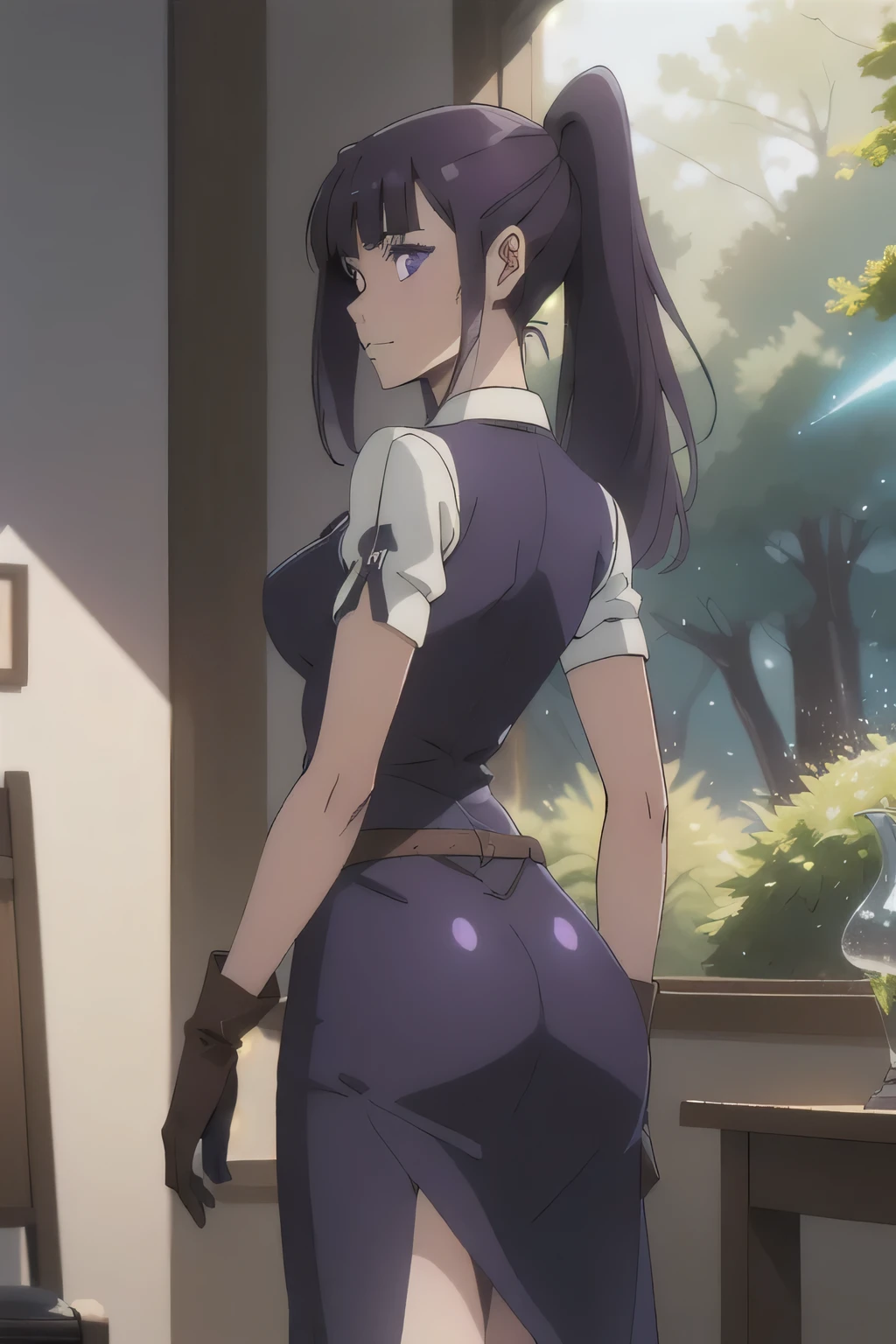 1 girl in, 18, photo of Sung Jinha, Solo Levelling Waifu, photo of perfect woman, Solo, Aesthetic artwork, (long hair, straight purple hair, long ponytail, dark purple hair, bangs: 1.25), (violet eyes, clear skin, fare skin, small breasts, B-cup, runners body, very thin waist, skinny, petite, detailed skin texture, (Masterpiece), (shot from behind, up skirt, focus on ass:1.2), ((Arch back, Fantasy style, Fantasy environment, fairy, wings, long leather dress, leather belt, brown leather gloves, brown leather boots, holding a sword, landscape of a beautiful forest, (extremely detailed 8k wallpaper), soft lighting, high quality, film grain, 50mm, High Detail, Sharp focus, (natural light), (cowboy photo:1.2), light particles