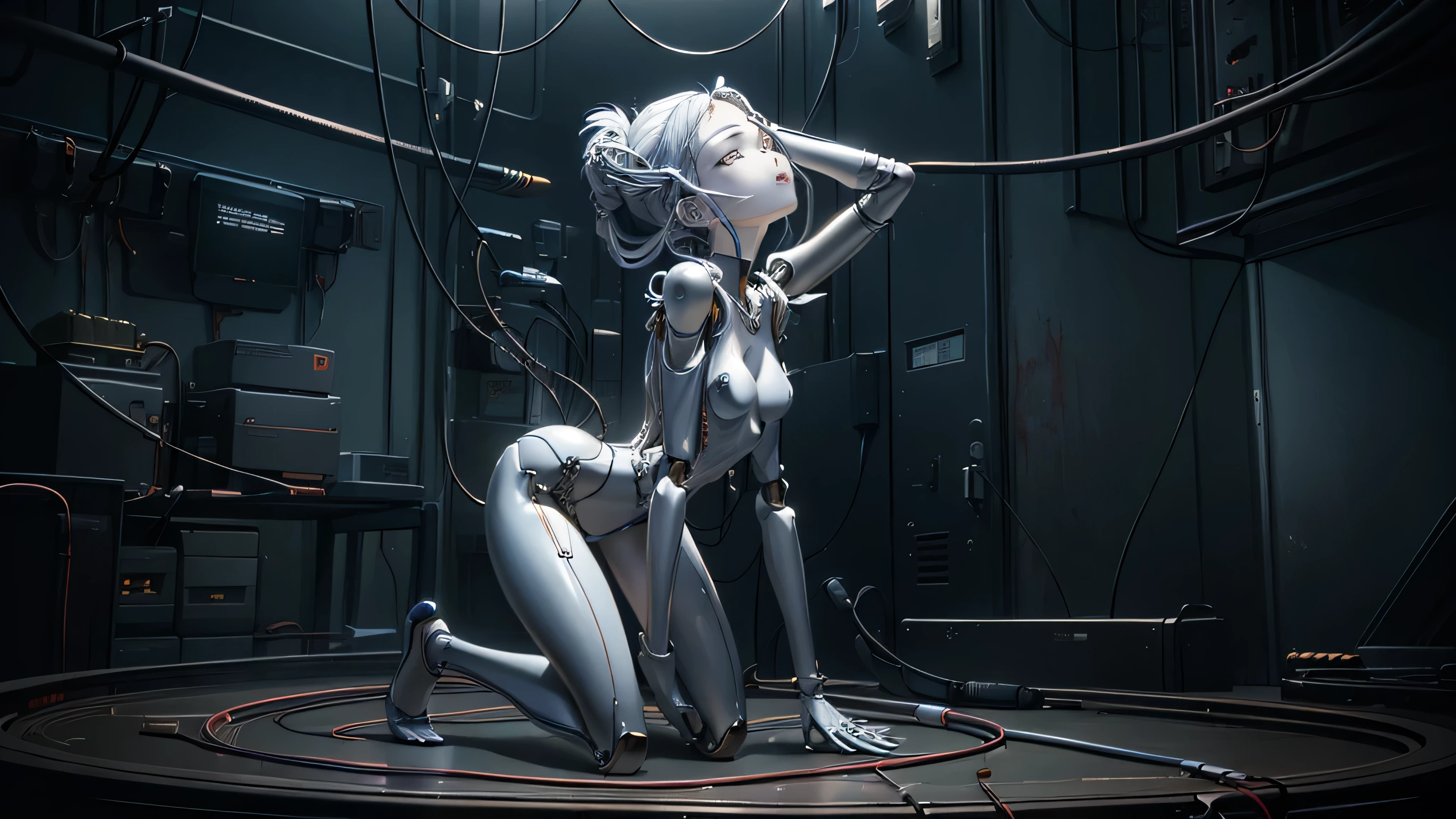 (((masterpiece))), (((best quality))), ((ultra-detailed)), (highly detailed CG illustration), ((an extremely delicate and beautiful)),(cute delicate face),cinematic light,((1mechanical girl)),solo,full body,(machine made joints:1.4),((machanical limbs)),(blood vessels connected to tubes),((mechanical vertebra attaching to back)),((mechanical cervial attaching to neck)),((sitting)),expressionless,(wires and cables attaching to head and body:1.5),(character focus),science fiction
