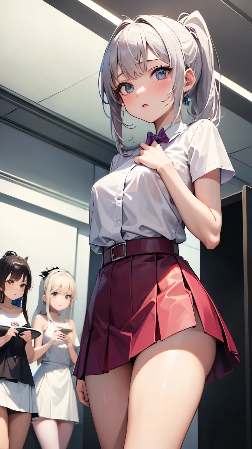 High school girl with silver hair ponytail、Green plaid skirt、white blouse and green tie、white stockings、White garter belt、(5-Fingers)、embarassed face、Teary-eyed、red blush、pussy juice,pussy,()agina),(pussy juice)、Inside a McDonald&#39;s store、、(no panties)、Composition from below、touch the clitoris