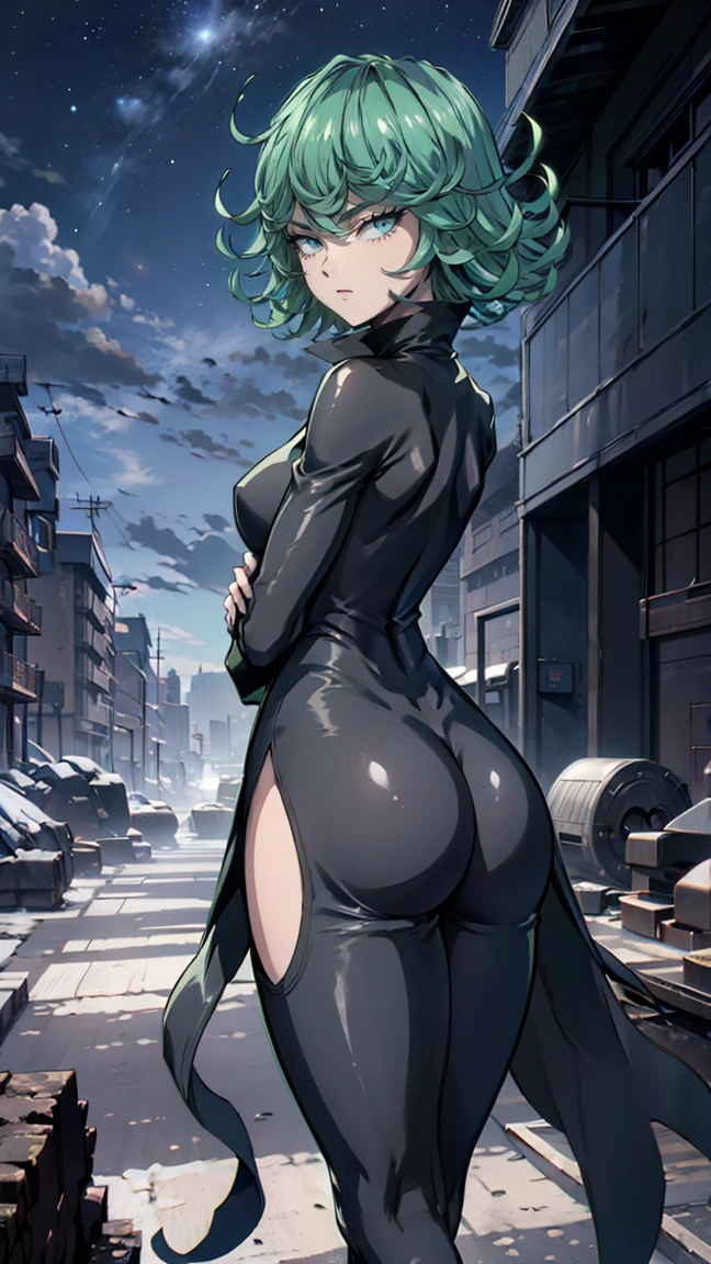 Anime art style, tatsumaki from one punch man, green hair, white skin, standing on destroyed city, cinematic lights, blushing cheeks, smilling, looking back at viewers, grabbing her ass, big booty, NSFW, back view, beautiful scenery. The dress is covering her ass, closed mouth, turtleneck, looking back, from behind, ass focus, standing, detailed eyes, half-closed eyes, curvy, wide hips, impossible clothes, outdoors, night, sky, clouds, stars, streetlights, lights, buildings, plants, bushes, (narrowed eyes:1.2), (squinted eyes:1.2), BREAK masterpiece, best quality, highly detailed background, perfect lightingbest quality, ((shiny skin, glossy skin, detailed skin)), (((detailed lips))), (((detailed eyes)))