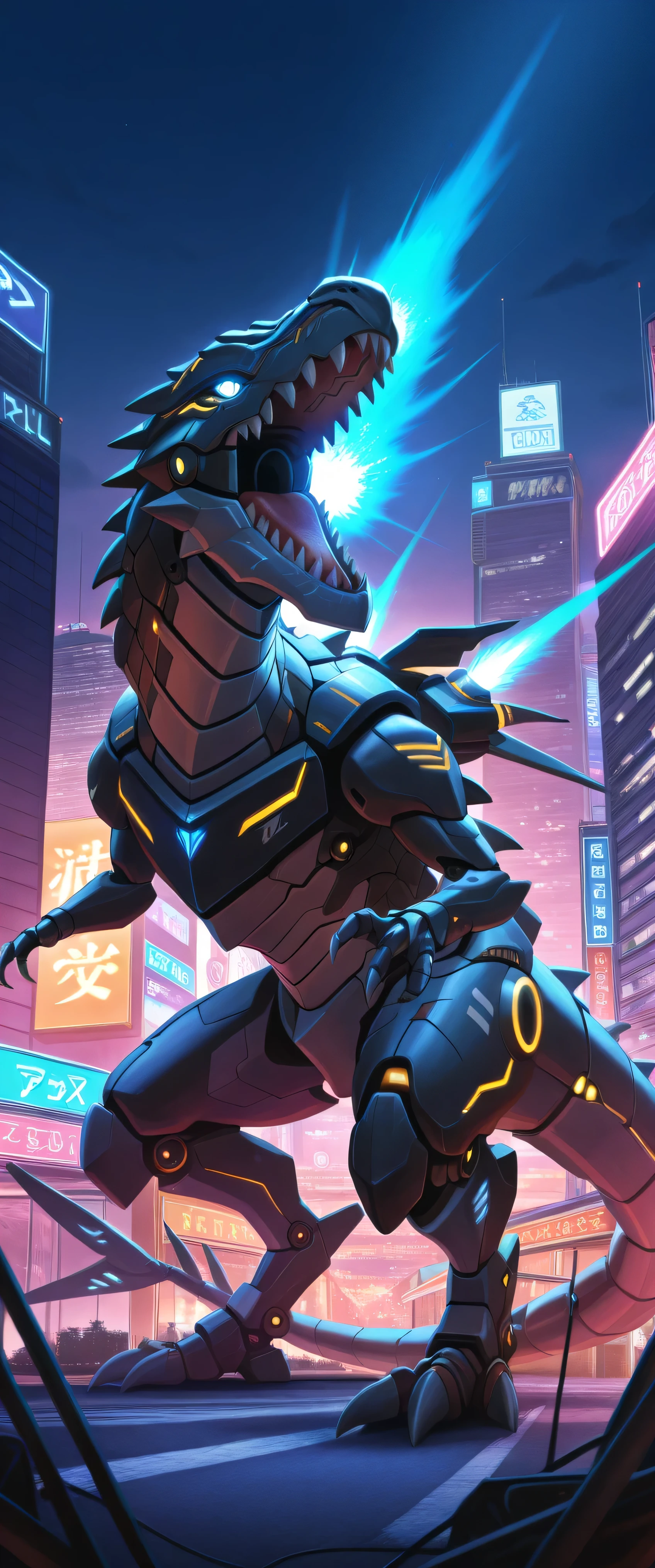 (score_9:0.9),score_8_up,score_7_up,rating_safe,(zPDXL3),(zPDXL), (((no humans))),sharp teeth,(((solo))) ,open mouth,blue glowing eyes,from side,full body,mechanical tyrannosaurus rex,dinomorphia rexterm,mechanical booster, blue energy coming out of boosters, yellow and blue armor, on ground, in city, cityscape,city,realistic lighting, night, dim light, glowing, neon lights, neon signs, small arms, short arms, short legs, t-rex, tyrannosaurus rex, masterpiece,best quality,amazing quality,very aesthetic,absurdres,newest