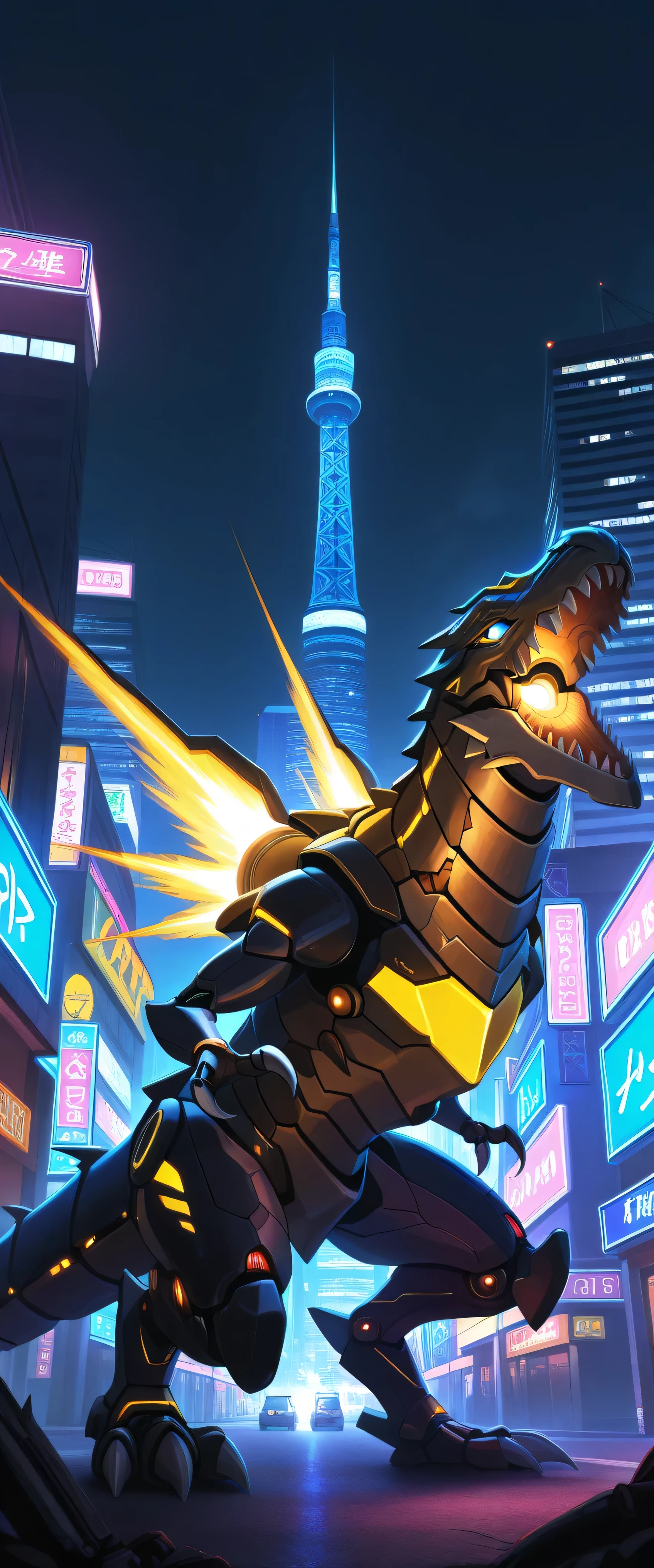 (score_9:0.9),score_8_up,score_7_up,rating_safe,(zPDXL3),(zPDXL), no humans,sharp teeth,solo,open mouth,blue glowing eyes,from side,full body, claws, looking down, mechanical tyrannosaurus rex,dinomorphia rexterm,mechanical booster, blue energy coming out of boosters, yellow and blue armor, on ground, in city, cityscape,city,realistic lighting, night, dim light, glowing, neon lights, neon signs, small arms, short arms, short legs, t-rex, tyrannosaurus rex, masterpiece,best quality,amazing quality,very aesthetic,absurdres,newest