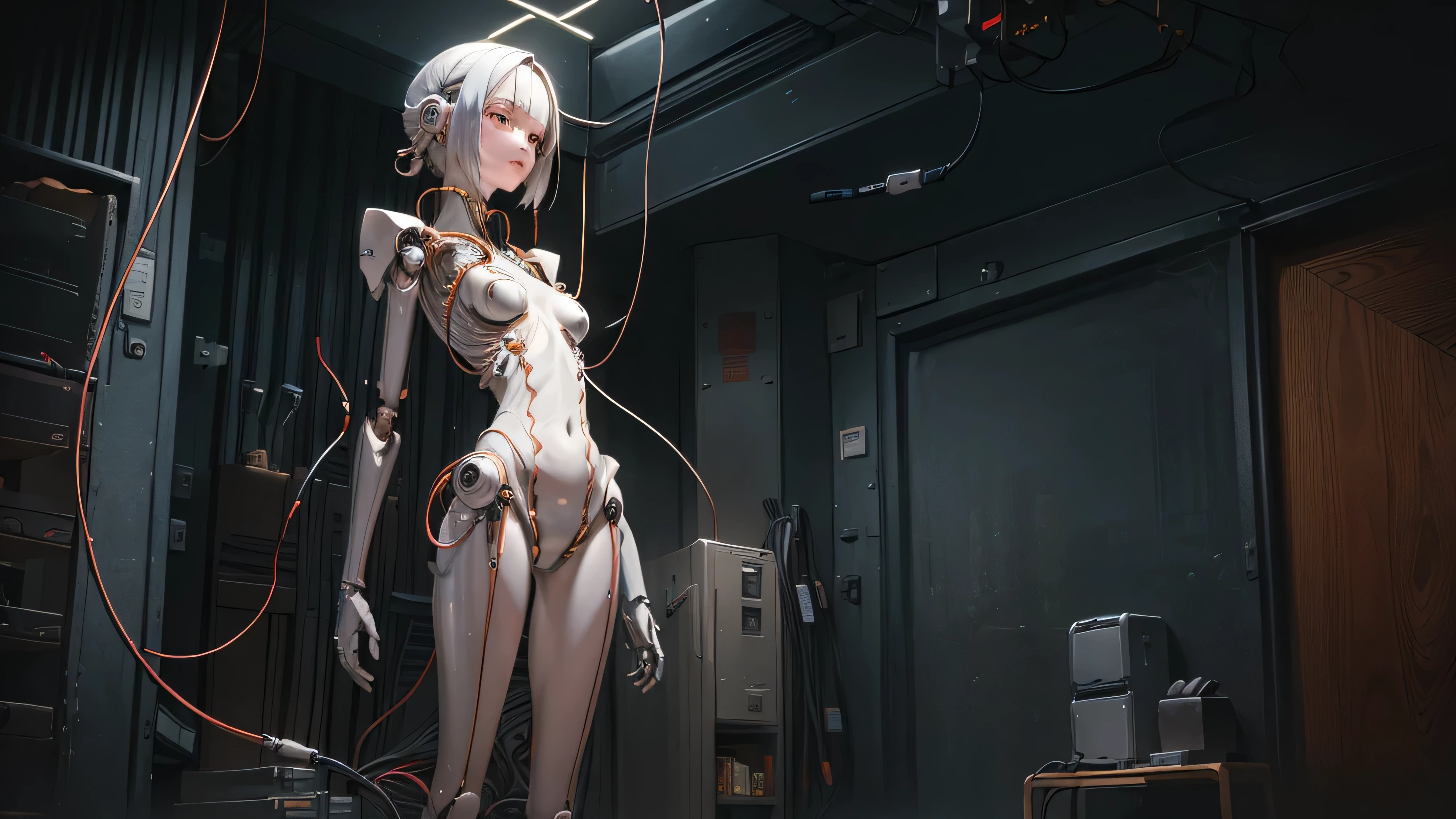 ((((masterpiece))), ((best quality))), ((ultra-detailed)), (CG illustration), ((an extremely delicate and beautiful)),(from side),cinematic light, ((1 mechanical girl)), single, full-body, (machine-made joint: 1.2), ( (mechanical limbs)), (blood vessels connected to tubes), (mechanical spine connected to back), ((mechanical cervical vertebrae attached to neck)), (sitting), forced laughter, (wires and cables around the neck: 1.2), (wires and cables on the head: 1.2) (character focus), sci-fi, extremely thin, colored, the finest white hair, red eyes, in battle, (knotted), (killing), (1 immortal)