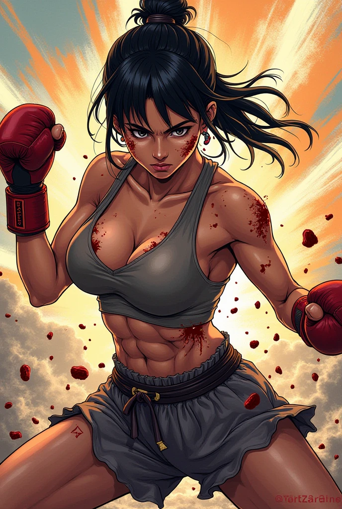 whole body picture of a male and afemale. a male streetfighter is striking a japanese female streetfighter's cheek by hard punch in the backstreet. she is beated down. she is bloody. she has big pain. she is crying and screaming. she is beautiful and young. she is covered in scars and bruises. she is damaged terribry. Short-cut black hair, out of breath, drooling from mouth, one eye is closed, exhausted, drenched in sweat. Erect nipples, open finger glove, Whittled waistline, muscular, six-pack abs, Ragged tanktop and denim shorts.