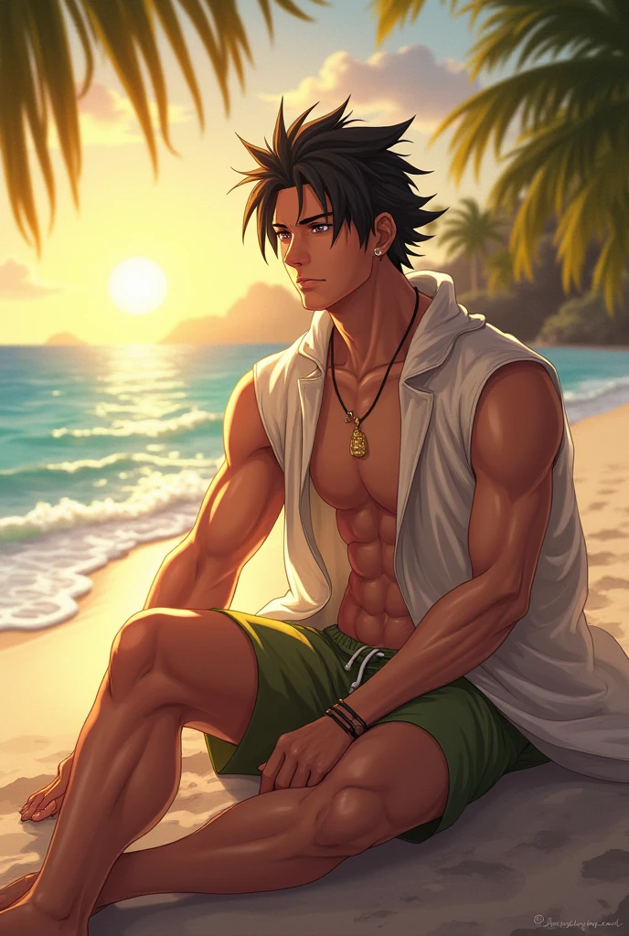 A dark-skinned, short-haired, slender macho tribal boy wearing a severely torn loincloth is lying on a bed of leaves in a hut in a jungle village., barbarian, wet with a large amount of cloudy liquid