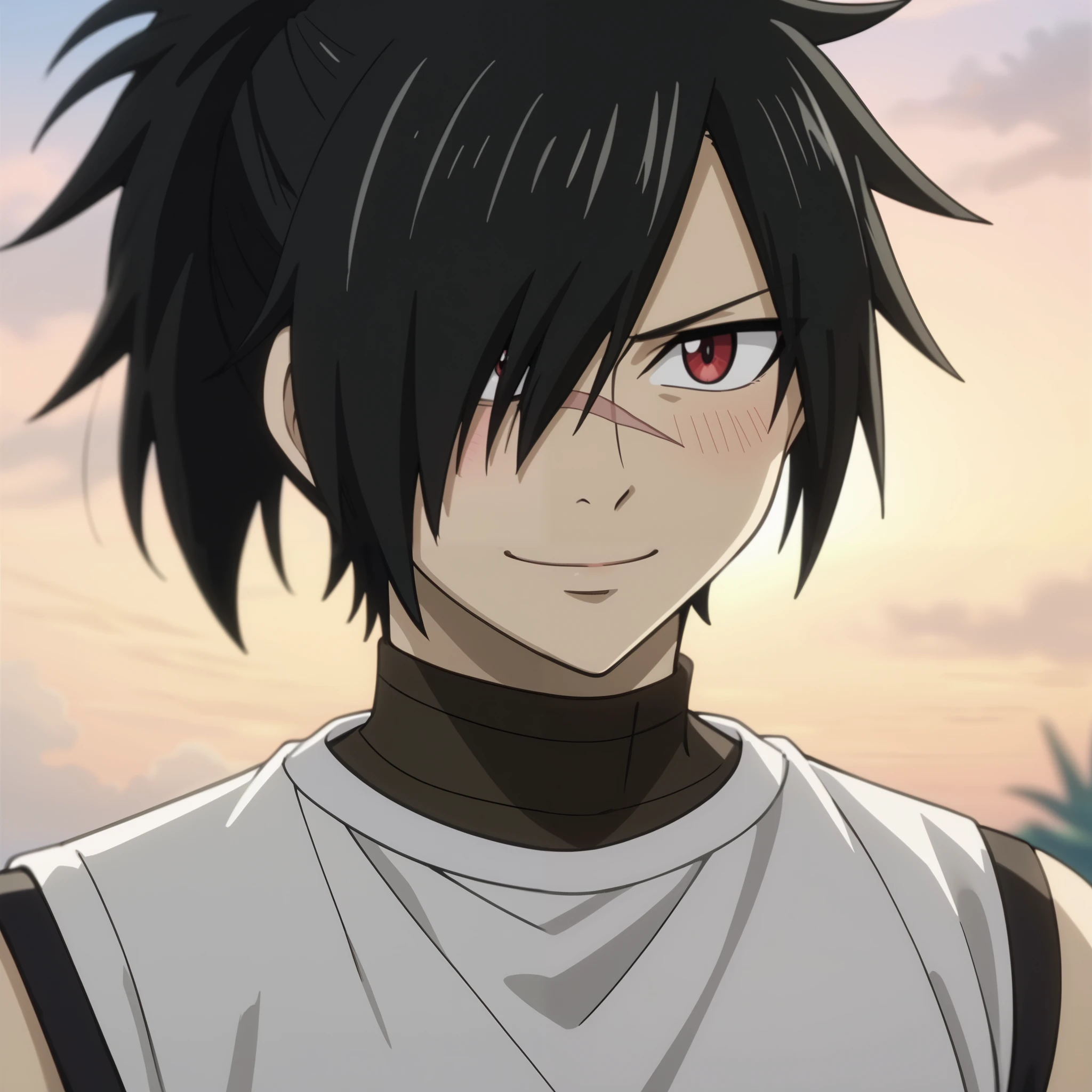 score_9, score_8_up, score_7_up, intricate details, anime screencap, depth of field, 1boy, solo, male focus, rogue_cheney, ponytail, black hair, red eyes,, hair over one eye, scar, ((black men's shorts, sleeveless t-shirt, closed mouth smile, blush)) in aquatic park, detailed face, front view, Frontal portrait, close-up, looking at viewer, sky background with soft shadows, soft blue lighting highlighting his features, high-quality anime details, vivid colors, official style