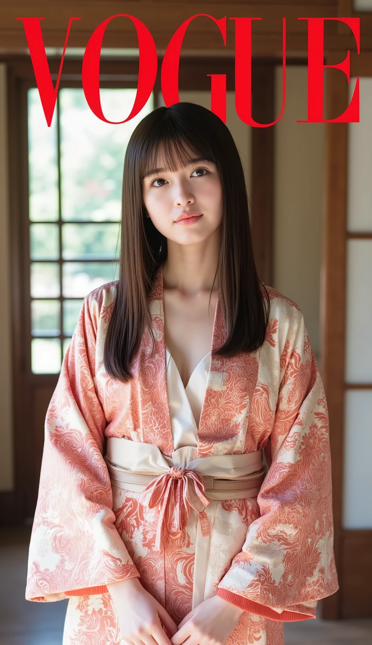 Magazine front cover " VOGUE" written in middle Red decoration letters at the upon the screen Front pose, standing pose, head hold pose, Front view, cowboy, nice armpit, Aiko, Japanese girl, long straight hair, brunette, serious, pale skin, seriously
A young girl is inside the Japanese imperial palace, the daughter of the Japanese emperor, wearing traditional Japanese royal attire. The background reflects the elegance of ancient Japanese architecture, with intricate wooden designs, sliding shoji doors, and a serene garden visible in the distance. The girl's outfit is a beautiful kimono with an open center revealing a hot white bra, symbolizing her royal status, and her demeanor exudes grace and nobility.
(super detail, high details, high quality, accurate, anatomically correct, textured skin, beautiful fingers super detail, high details, high quality, best quality, huge cleavage, sexy), magazine look cover, luxury cover magazine, huge tits, sexy body, skinny, long straight hair, brunette, HD, realistic, magazine cover look, model pose, ultra realistic, blown wind effect, tan skin, innocent face, magazine cover look, detailing Magazine front cover " Vogue " written in middle Red decoration letters at the upon the screen Front pose, Create a precise "Vogue"' font, precision font magazines, The girl's outfit is a beautiful kimono with an open center revealing a hot white bra, sexy view, grace, detail fingering, ultra realistic detail, cool view