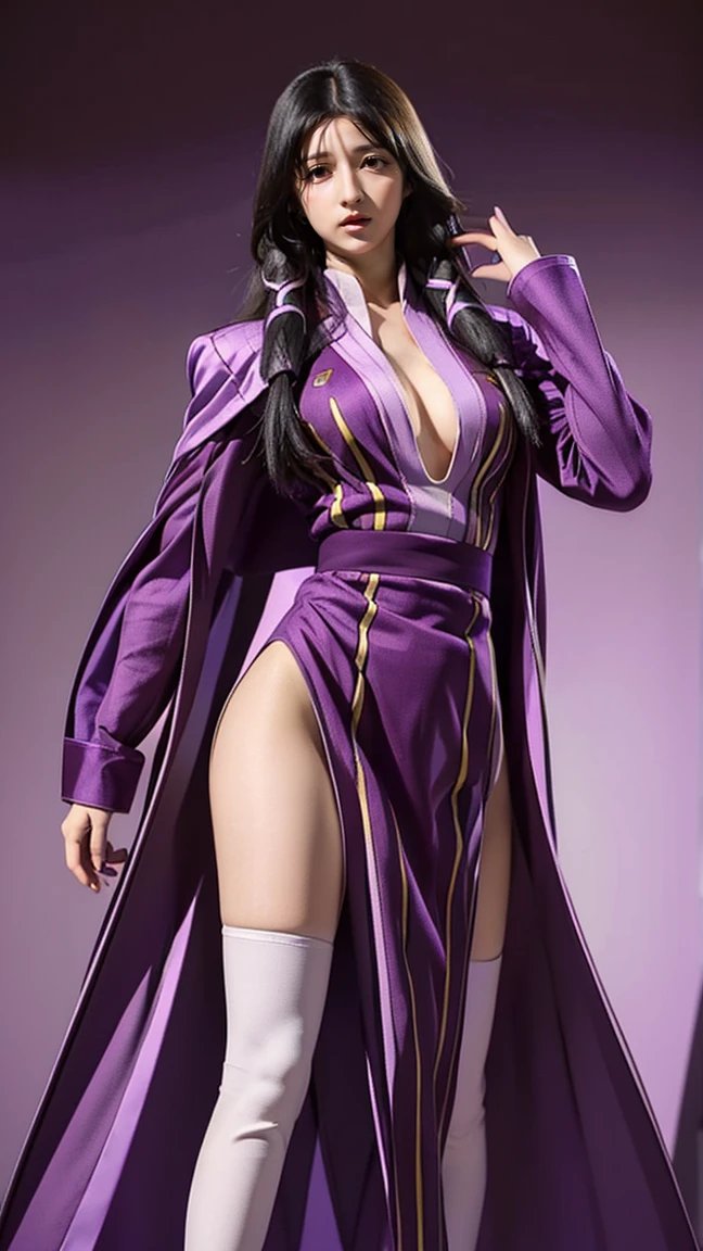 (masterpiece), best quality, expressive eyes, perfect face, solo woman, dance posing,  cold eyes, smile warm, sad face, fasalina, long purple dress, boots, purple robe thin, front double braids, full dress, milf, Fasalina, slim body woman, long black hair, tall body,  blend yellow eye, yellow eyes, She wears a purple uniform consisting of a low-cut long sleeved robes, white thigh high boots, full body, She also wears a dark purple cloak, tight dress, married, Fasalina, purple dress, side Slit, cleavage, thighs, thighs high, Kneehighs, shoes, boots footwear