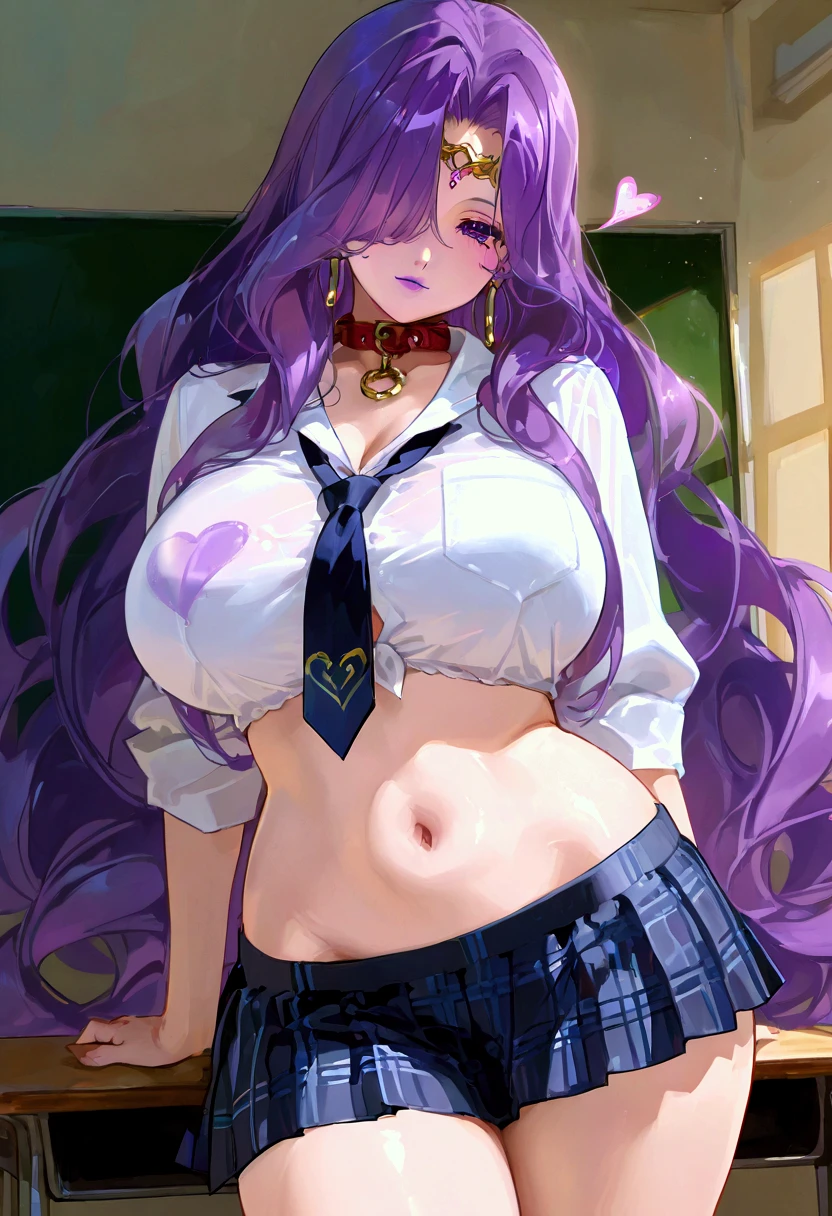 8K, Attractive, intensely detailed, 20 Year Old Girl, sexy and attractive woman with dark, purple curly long hair with colored strands. Messy side bun, bright colored strand in hair, She has beautiful purple eyes with a heart inside. She is dressed in white, revealing v neck tight crop top shirt. Big She is wearing a blue plaid mini skirt. She is in various seductive poses Full body shot head to toe looking at viewer, cleavage