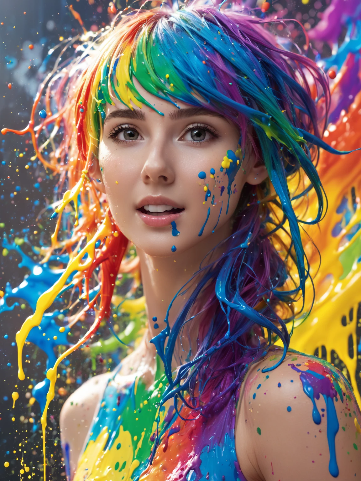 (level difference:1.8),(Paint colliding and splashing on the canvas),(depth of field),1girl's side face blends into it,((side face)),open mouth,(liquid paint rainbow hair:1.1) made of paint and defies gravity,thick flowing,(paint splatter:1.3),Liquid state,stunningly beautiful, masterpiece, detailed background,ultra high quality model, ethereal background,abstract beauty, explosive volumetric, oil painting,heavy strokes,Romantic lighting,Sub-Surface Scatterring,lens 135mm,f1.8,glow,8k,high resolution, dreamy,ray tracing,hdr,god rays,