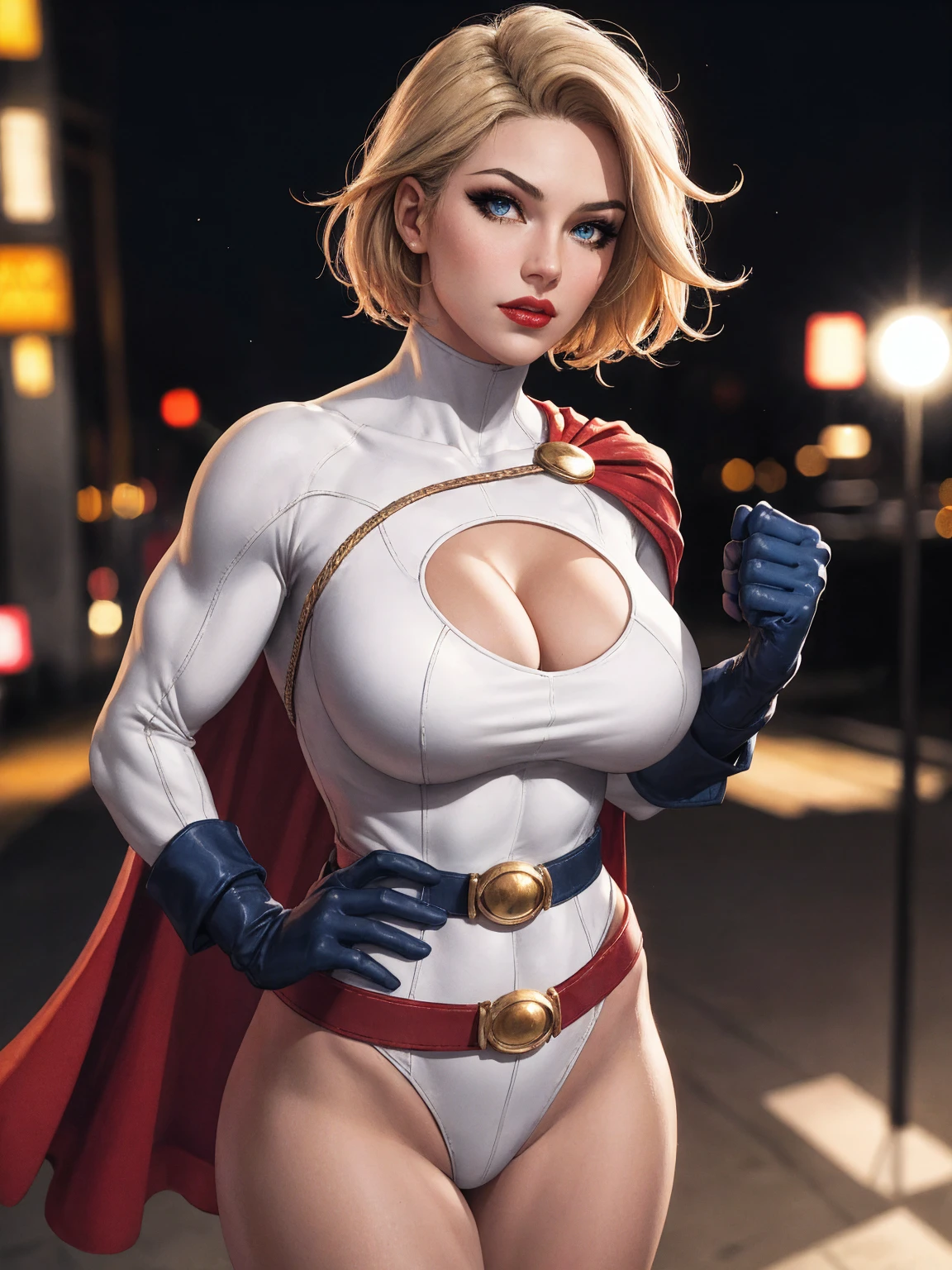 sexy masterpiece, best quality, highest quality, high definition, highly detailed, 8K, Power Girl in costume on rooftop at night, blue gloves, red cape, athletic and fit body, naughty, perfect hands, beautiful bkue eyes, detailed hands, perfect eyes, detailed eyes, flirty, sexy, realistic, HDR, UHD, dynamic, cleavage
