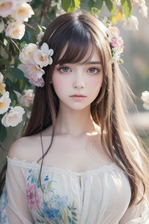 "High quality, high detail, (supernatural: 1.4), full figure, delicate facial features, perfect face with flowers, radiant skin, ta hair accessories, bare shoulders, spring, flower fields." (Realistic: 1.5)