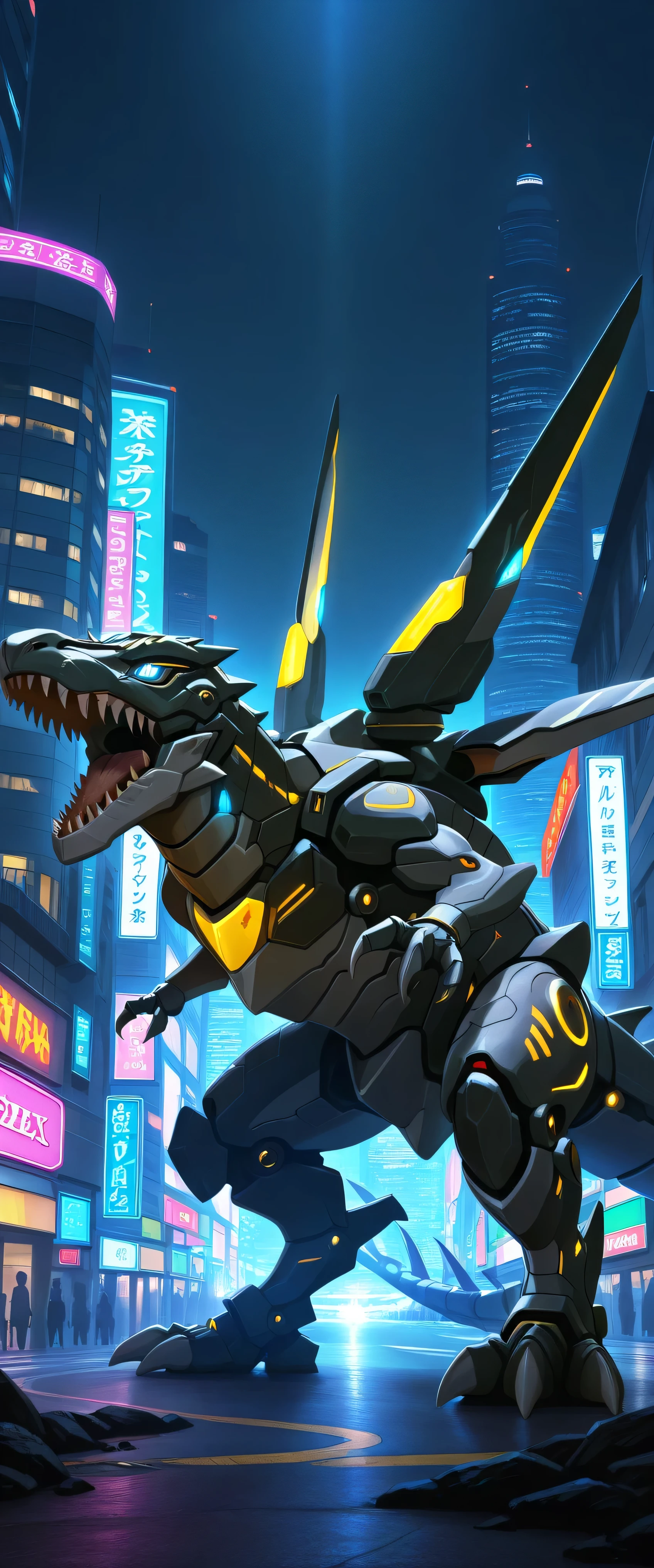 (score_9:0.9),score_8_up,score_7_up,rating_safe,(zPDXL3),(zPDXL), no humans,sharp teeth,solo,open mouth,blue glowing eyes,from side,full body, claws, no people, looking forward , 3 fingers, 3 toes, mechanical tyrannosaurus rex,dinomorphia rexterm,mechanical booster with thrust, blue energy coming out of boosters, yellow and blue armor, on ground, in city, city street, in street, low light, dark, dark lighting, cityscape,city, tall buildings in background, realistic lighting, night, dim light, neon lights, neon signs, small arms, short arms, short legs, t-rex, tyrannosaurus rex, masterpiece,best quality,amazing quality,very aesthetic,absurdres,newest