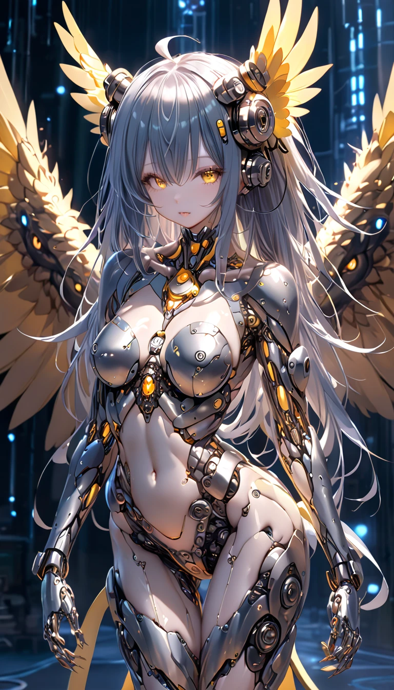 black hair, messy hair, long wavy hair, atmospheric perspective, 8k, super detail, best quality, cinematic lighting, masterpiece, Mechanical body, blue steel body parts, large wings growing from its back, detailed face, detailed eyes, anime style, Her thighs are exposed and showing skin, Her upper arms are exposed and showing skin, rifle, Hold the rifle and aim