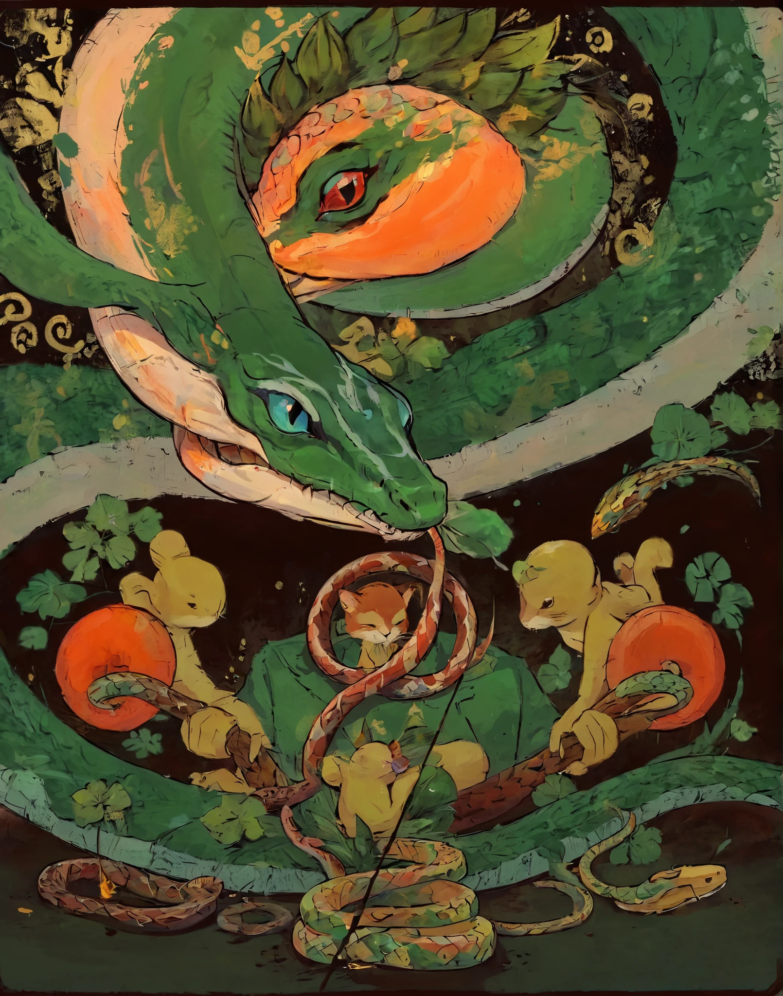 the animal is snake in the middle, high quality, happy new year, Happy ,Red-Yellow Tone,firecracker