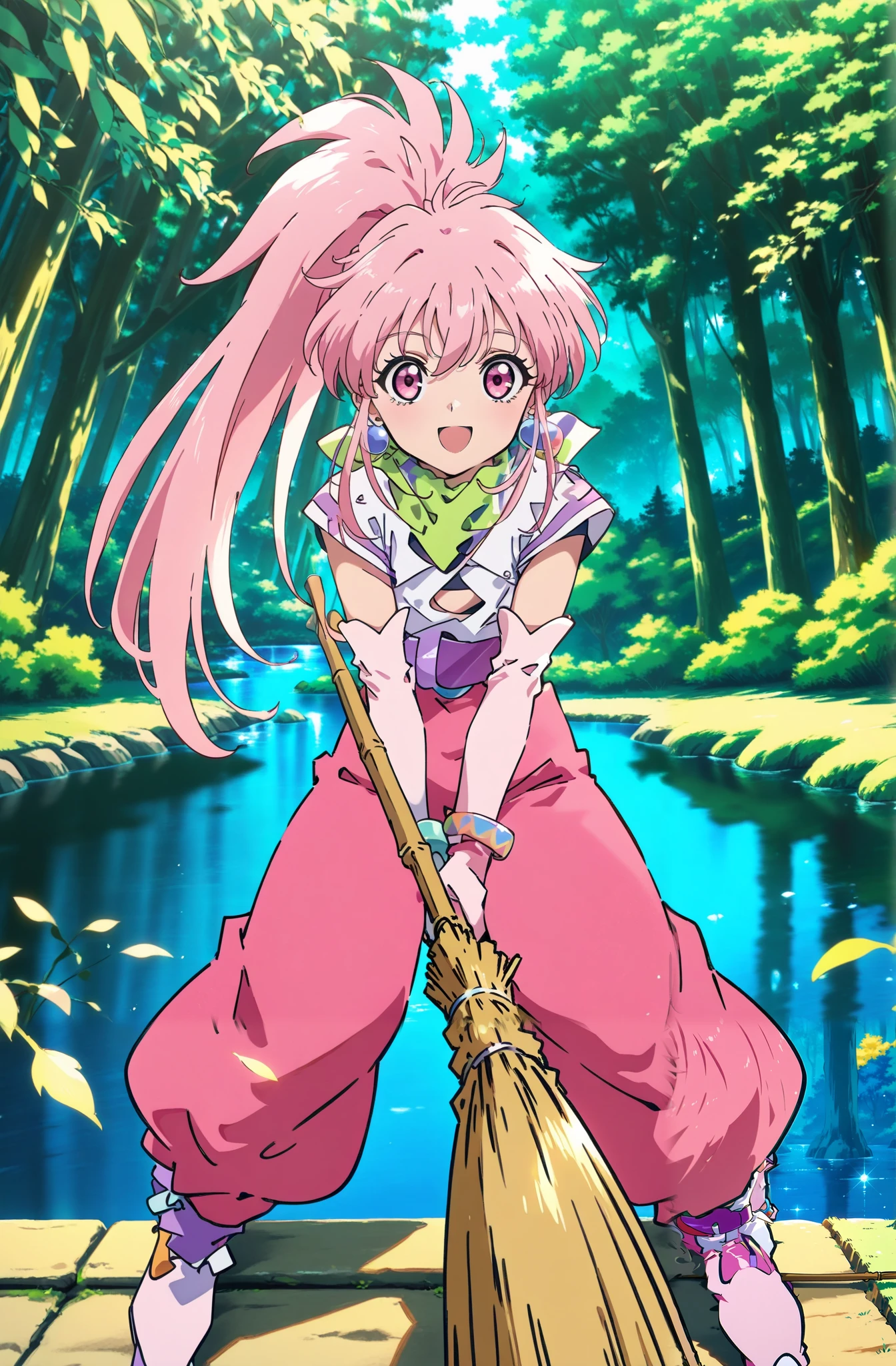 score_9, score_8_ up, score_7_ up, source_Anime,
forest, lake,
OPEN SMILE staring at viewers,
ARKE BASE , pink hair , LONG PONYTAIL , pink eye, long hair, earrings,
white shirt, belt, Pink Pants, Puff pants, elbow gloves , purple belt, bracelet, Green Short Scarf, footwear at priv,
ride a broom,, zPDXL