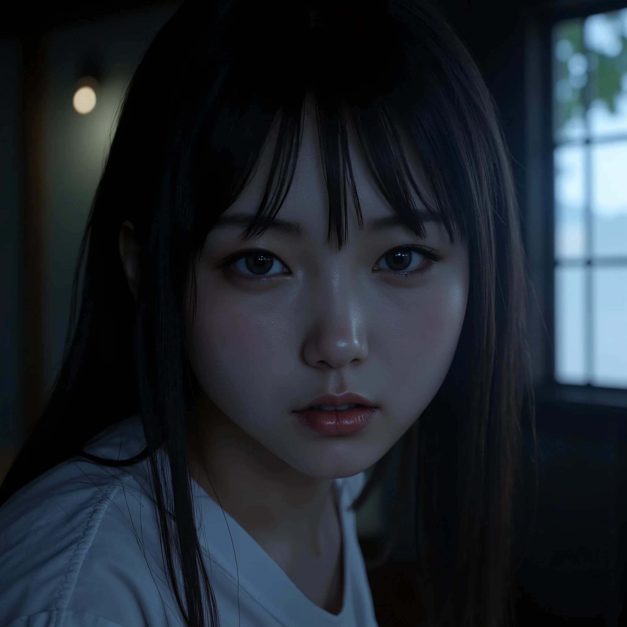 PA7_sdxl-Photo, PA7_xl-Portrait-ECU, detailxl, CSPNY1, d0f _v2,, neutral expression, Penetrating look , looking a view, youthful face, Room, being , setup, average lighting, night, window, Moonlight , -yeld, llity:Japan, Japanese, Idol, wet hair, Selfie, Sadako Yamamura, yamamura sadako , pose for photo, looking