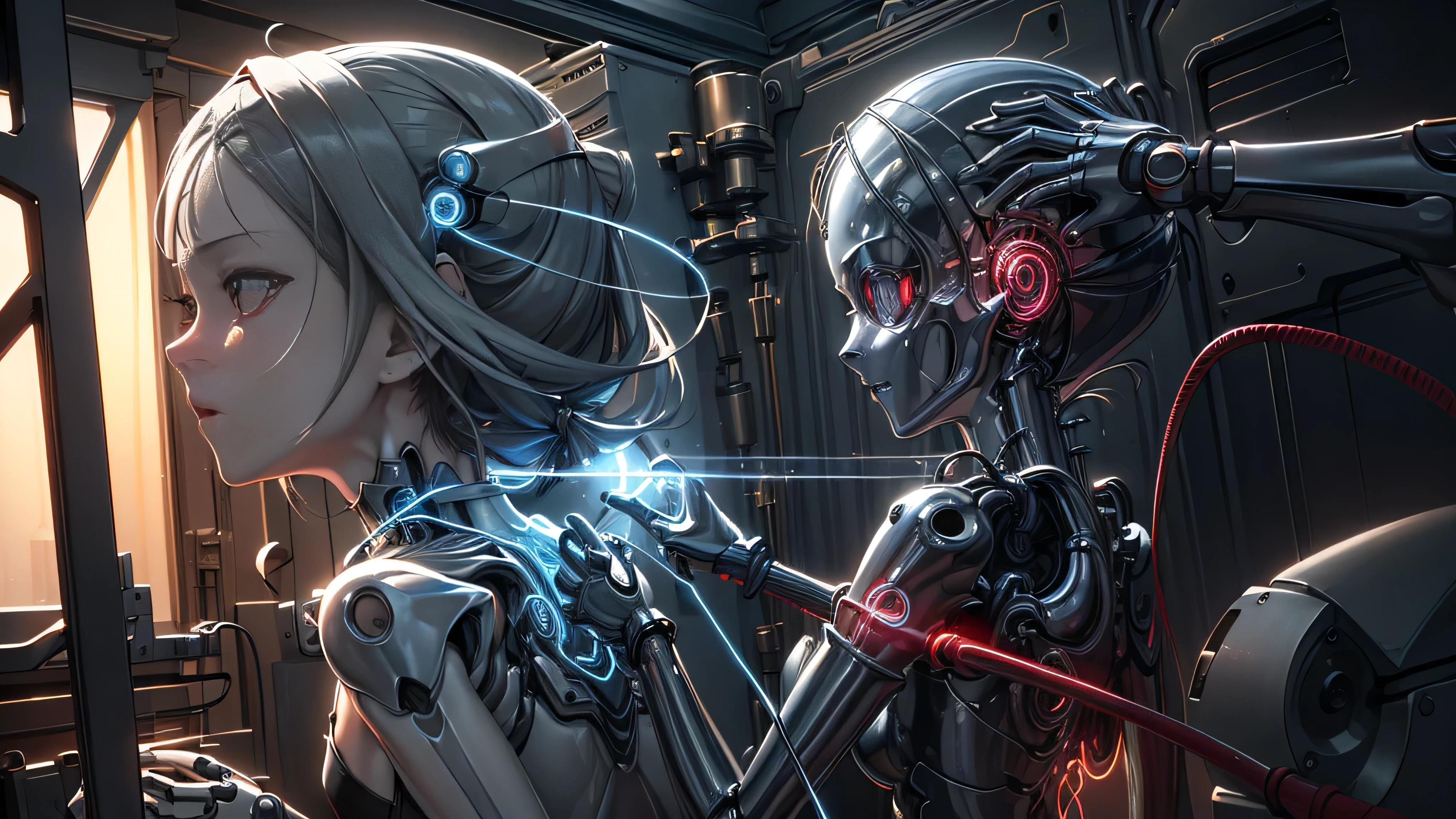 (masterpiece, top quality, best quality, official art, beautiful and aesthetic:1.2), (1girl), (fractal art:1.2),absurdres, highres, ultra detailed, Ultra-precise depiction, Ultra-detailed depiction, solo, (zentangle:1.2), floating hair, (skinny, thin body: 1.2), tanned skin, shiny skin, (abstract:1.2),cbpkv5, pantyhose,looking at viewer, full body, cyberpunk robot, complex robot, halo, by mooncryptowow