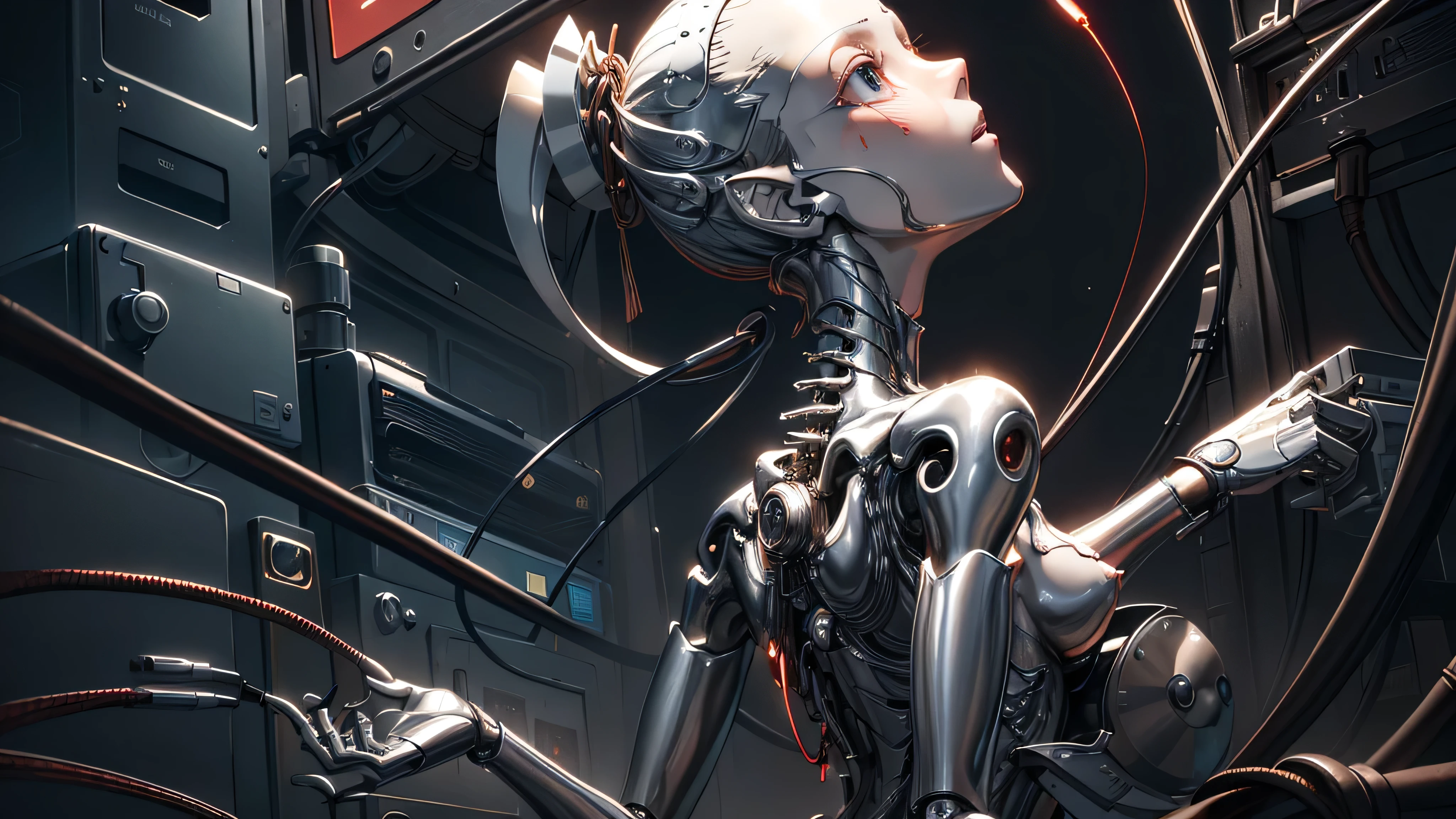 (((masterpiece))), ((((best quality)))), (((ultra-detailed))), (highly detailed CG illustration), ((an extremely delicate and beautiful)),(cute delicate face),cinematic light,((1mechanical girl)),solo,full body,(machine made joints:1.4),((machanical limbs)),(blood vessels connected to tubes),((mechanical vertebra attaching to back)),((mechanical cervial attaching to neck)),((sitting)),expressionless,(wires and cables attaching to head and body:1.5),(character focus),science fiction