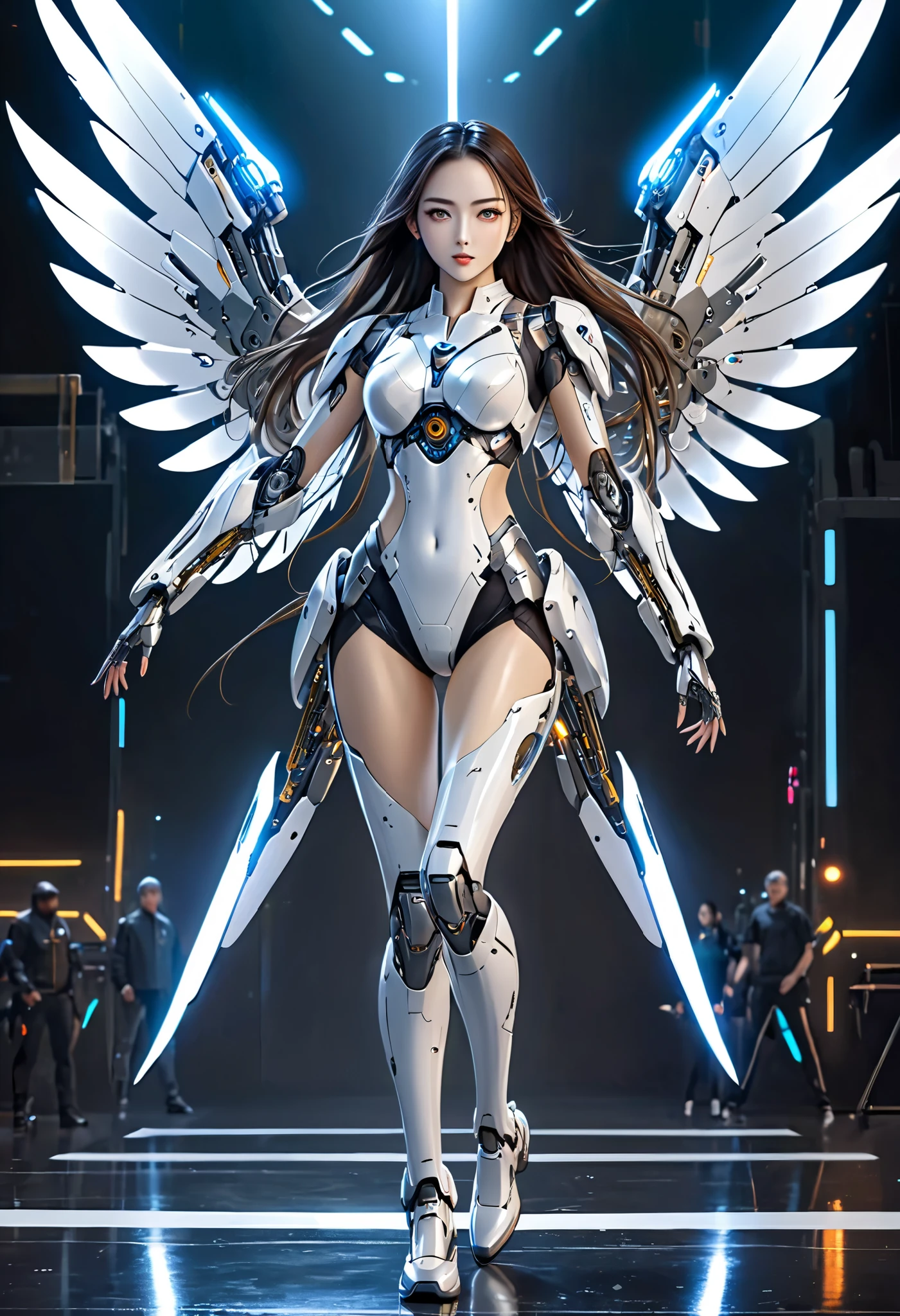 top-quality、masterpiece、超A high resolution、(Photorealsitic:1.4)、Raw photo、女の子1人、Black hair、glowy skin、1 Mechanical Angel、large metal wings、Shining Angel Circle、((super realistic details))、portlate、globalillumination、Shadow、octan render、8K、ultrasharp、Colossal tits、Raw skin is exposed in cleavage、White porcelain body、Details of complex ornaments、About Cyberpunk、Glowing LEDs、IC chips、Base、Data Links、Hydraulic cylinder、highly intricate detail、Realistic light、a purple eye、radiant eyes、Facing the camera、neon details、Mechanical limbs、blood vessels connected to tubes、Mechanical vertebrae attached to the back、mechanical cervical attaching to neck、cowboy shot、Wires and cables connecting to the head、Luminous tube、Small LED lamp、Sumerian details、