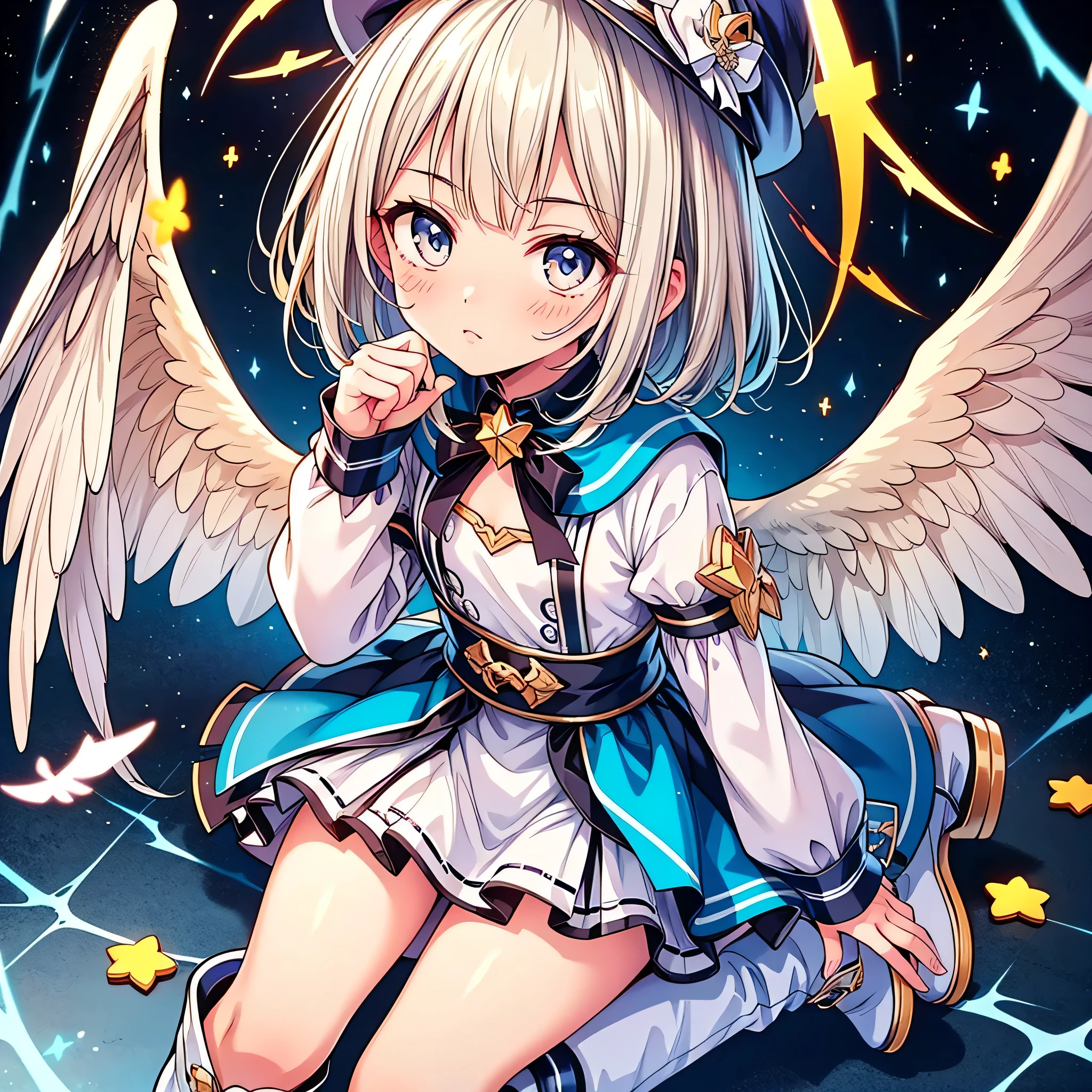 ((( pretty face、、 best composition、 best quality 、 Top Masterpieces、 more details、 high definition 、CG)))、(Masterpiece),  best quality ,  high definition , A White-haired star fairy girl with a magic wand、 Sickle,  small silk hat,  ruffle short skirt, White and blue outfit, Sickle, Magic Light ,Unique long boots 、 have angel wings growing from the waist、