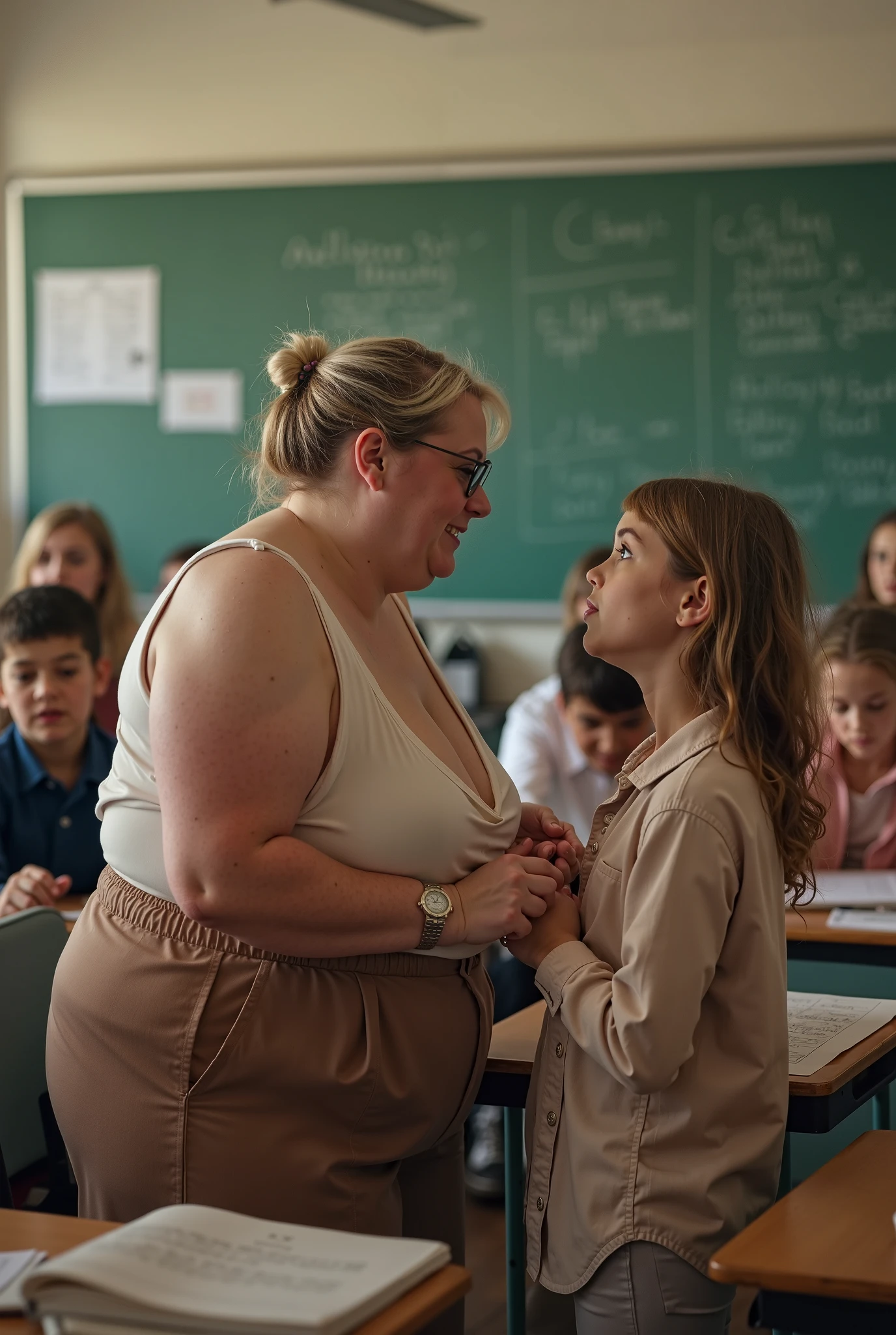 In an overcrowded classroom , An overweight 50-year-old white teacher, wearing a cute low-cut top and a very short skirt , bends seductively across the desk of a student , while an -year-oirl ls longingly at her huge cleavage. she. Getting checked . The student stretches her hand towards the teacher's breasts
Massive huge breasts. fat Tits