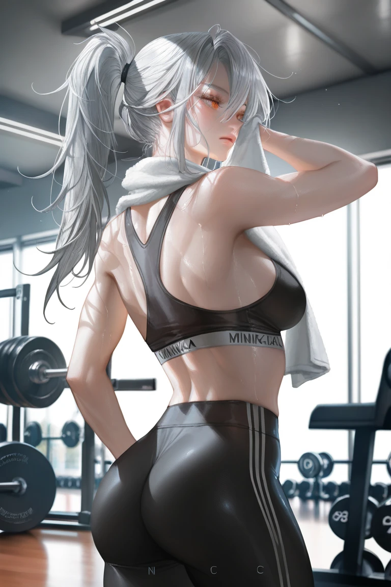 1girl, solo, long hair, breasts, looking at viewer, blue eyes, large breasts, simple background, leather shirt, white background, navel, very long hair, standing, collarbone, tail, white hair, thighs, cowboy shot, shorts, sleeveless, midriff, off shoulder, mole, crop top, hand on hip, bare arms, fox ears, short shorts, sleeveless shirt, leaning forward, fox tail, black shorts, blue shirt, fox girl, strap slip, crop top overhang, squiggle, hand on own thigh, micro shorts, spoken squiggle, mole on thigh, ((sweat)), wide hips, abs, ((dumbell on shoulders)), ((dumbell))