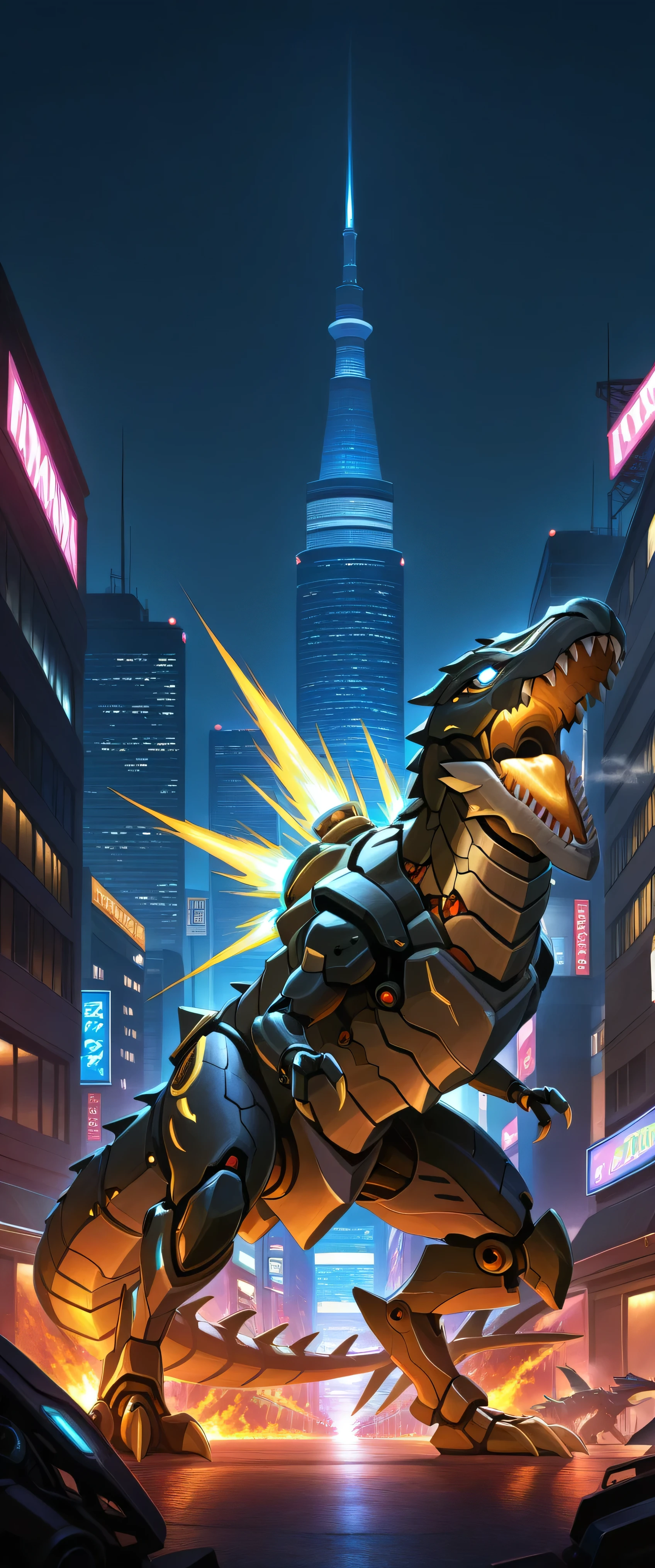 no humans,sharp teeth,solo,open mouth,blue glowing eyes,from side,full body, claws, no people, looking forward , head down, 3 fingers, 3 toes, mechanical tyrannosaurus rex,dinomorphia rexterm,mechanical booster with thrust, blue energy boosters, yellow and blue armor, on ground, in city, city street, in street, low light, dark, dark lighting, cityscape,city, tall buildings in background, flames in background, realistic lighting, night, dim light, dim lighting, dark night, neon signs, small arms, short arms, short legs, t-rex, tyrannosaurus rex, tyrannosaurus rex stance,masterpiece,best quality,amazing quality,very aesthetic,absurdres,newest