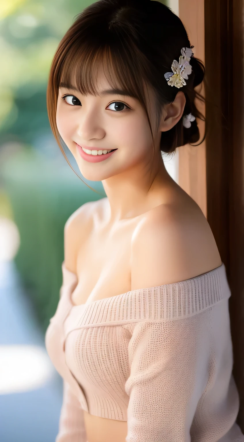 One beautiful woman, high resolution, ponytail, breasts, smile, cafe, blue eyes, arms up, dress.