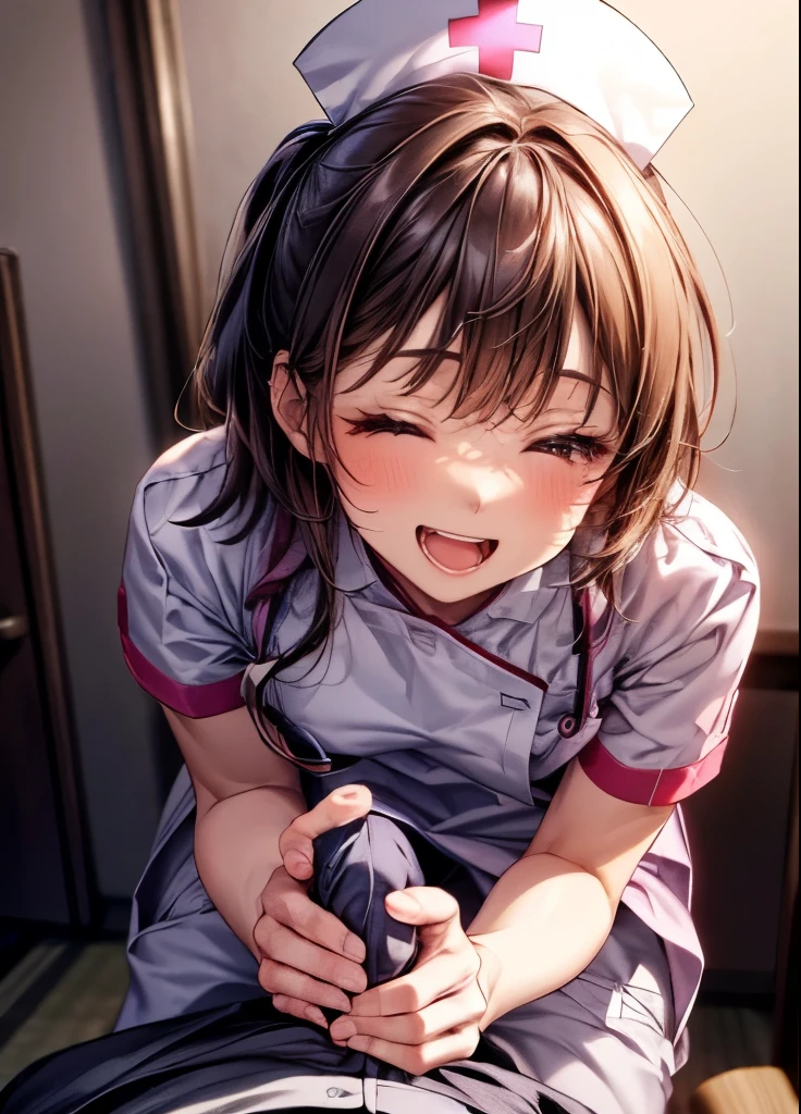 ( best quality, table top, super high definition, ( is present:1.4), ( Japanese idol), RAW photo、
stares at viewers, (nurse, nurse帽:1.22) perfect face, cute and well-groomed face , Shiny Skin, heterosexual, couple, throw, One boy standing, ( large bulge on the pants:1.22), 1girl kneeling, (Handjob), smile, openly obscene , from above, ( open your mouth), ( narrow your eyes:1.2)