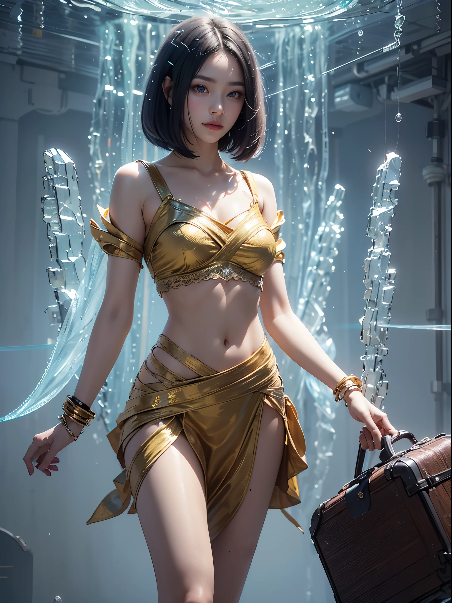 (RAW photo, highest quality), (realistic, Photoreal:1.3), 1 girl, bob cut、earrings、luminous headband、realisticbody,old space costume、ancient japan、giant rocks、Ancient rituals、Pyramid-shaped spacecraft flying from space、laser light、