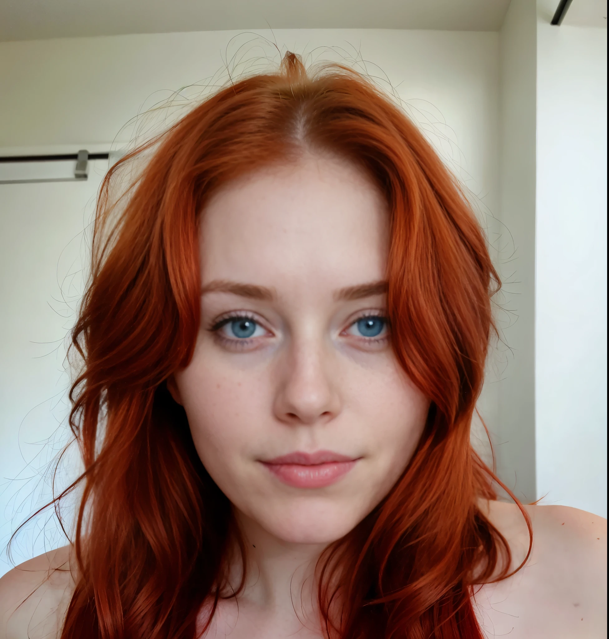 Natural red-haired woman with blue eyes showing her face from the front