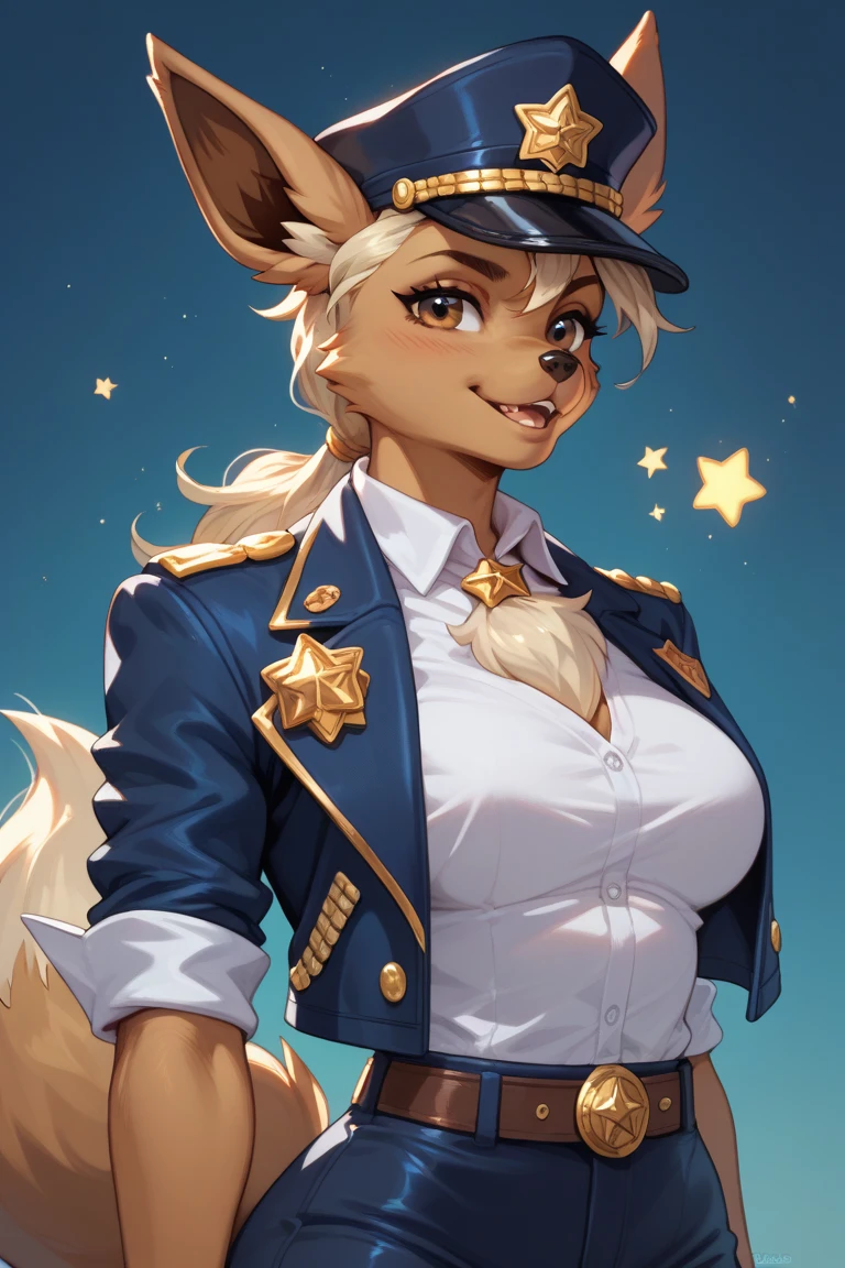 Anthropomorphic Eevee, 1 girl, wearing Jotaro's clothes from jjba part 3, star platinum from jjba