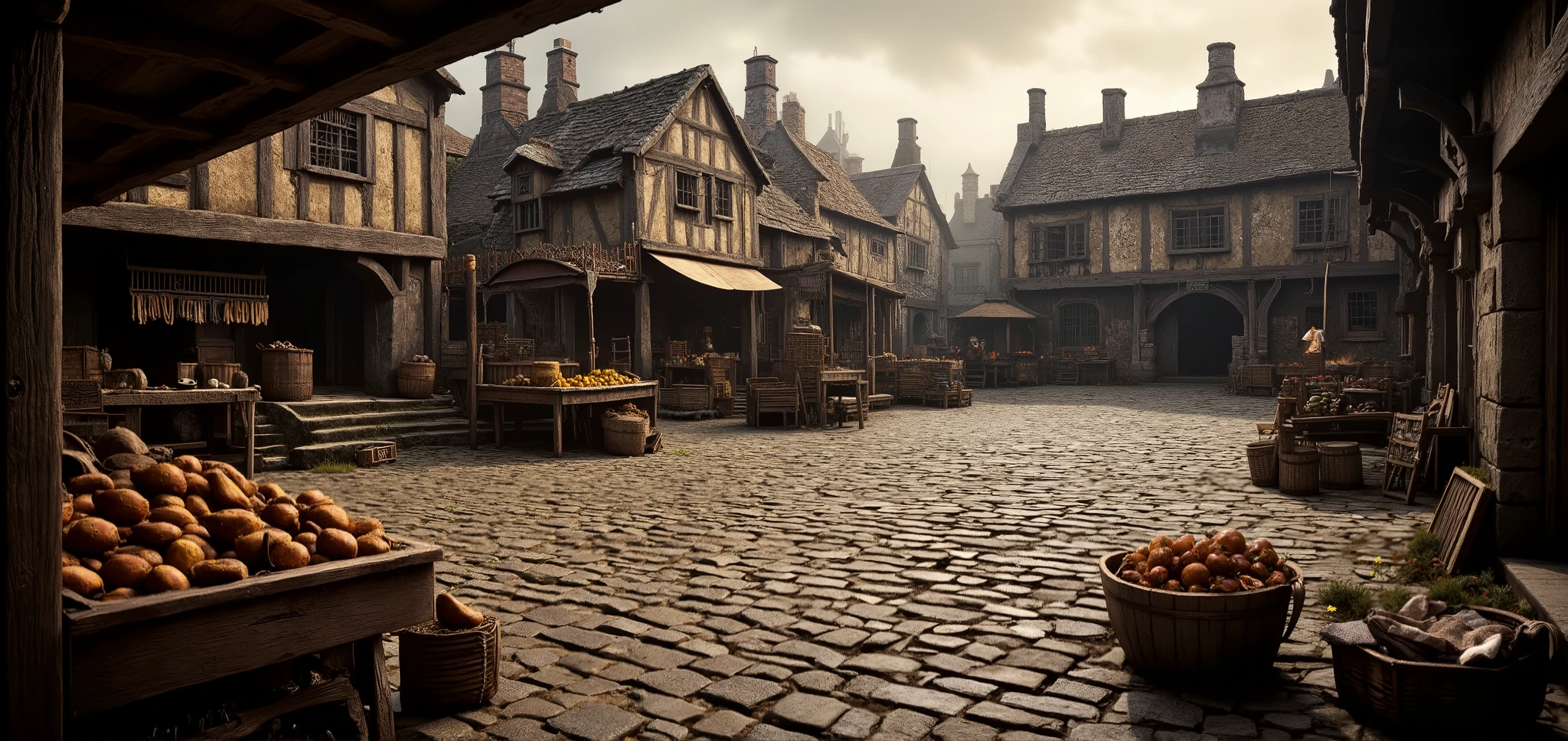 ( camera at ground level ) .(large, very wide, spacious medieval square), low little houses in the background, small fruit and utensil stands with , in the background spacious 360 degrees fishay empty medieval poor market square with a scaffold far to the left village . fantasy style dnd . 360 degree camera . fantasy reality.