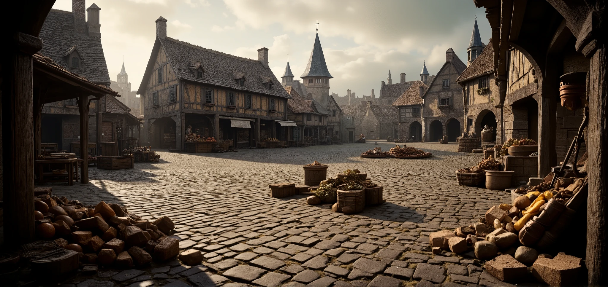 ( camera at ground level ) .(large, very wide, spacious medieval square), low little houses in the background, small fruit and utensil stands with , in the background spacious 360 degrees fishay empty medieval poor market square with a scaffold far to the left village . fantasy style dnd . 360 degree camera . fantasy reality.