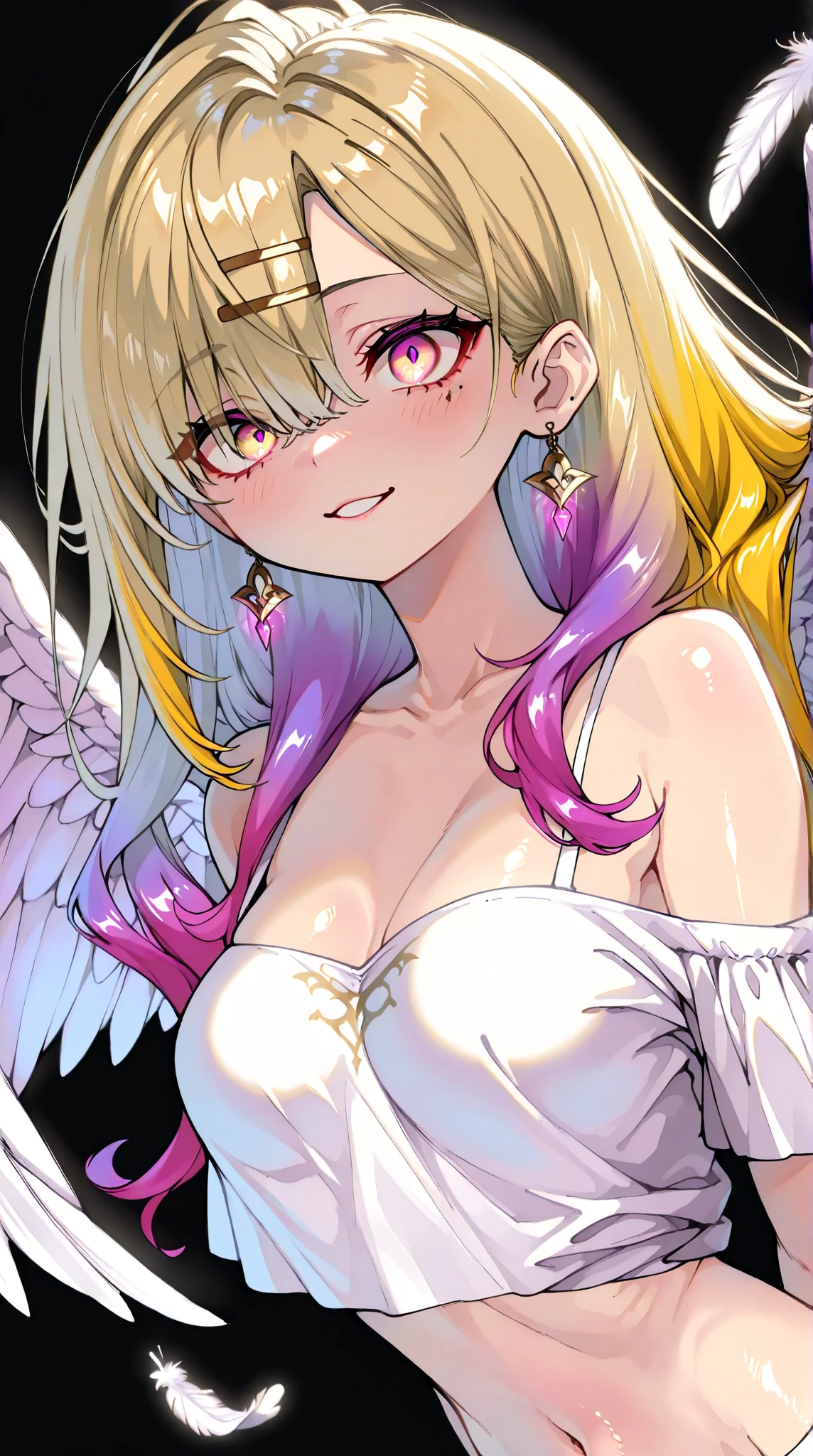 Blonde hair, pink eyes, nude, naked, nipples, angel wings, sexy, large breast, smile, a hotel bedroom