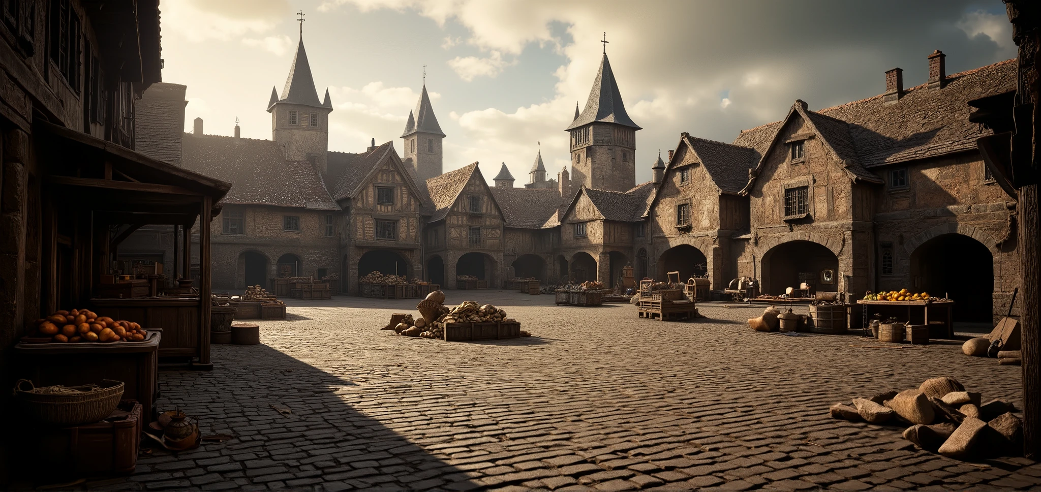 ( camera at ground level ) .(large, very wide, spacious medieval square), low little houses in the background, small fruit and utensil stands with , in the background spacious 360 degrees fishay empty medieval poor market square with a scaffold far to the left village . fantasy style dnd . 360 degree camera . fantasy reality.