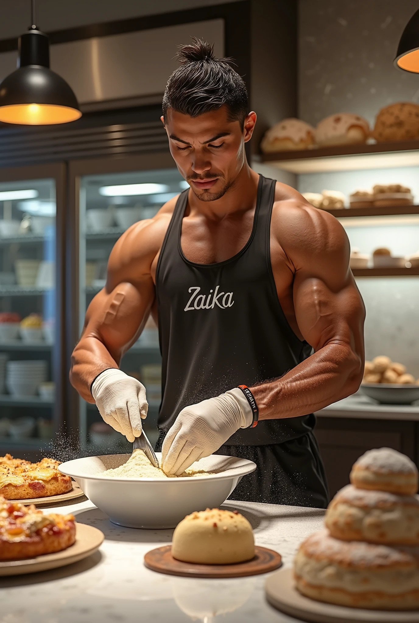 Handsome sexy man, ,blond long hair, tied in the tail, about 40, perfect body, male body aesthetics, skin texture, Baker, strip, in flour, kneads dough with hands, warm atmosphere of a home bakery, gtperrealism, photorealism, masterpiece