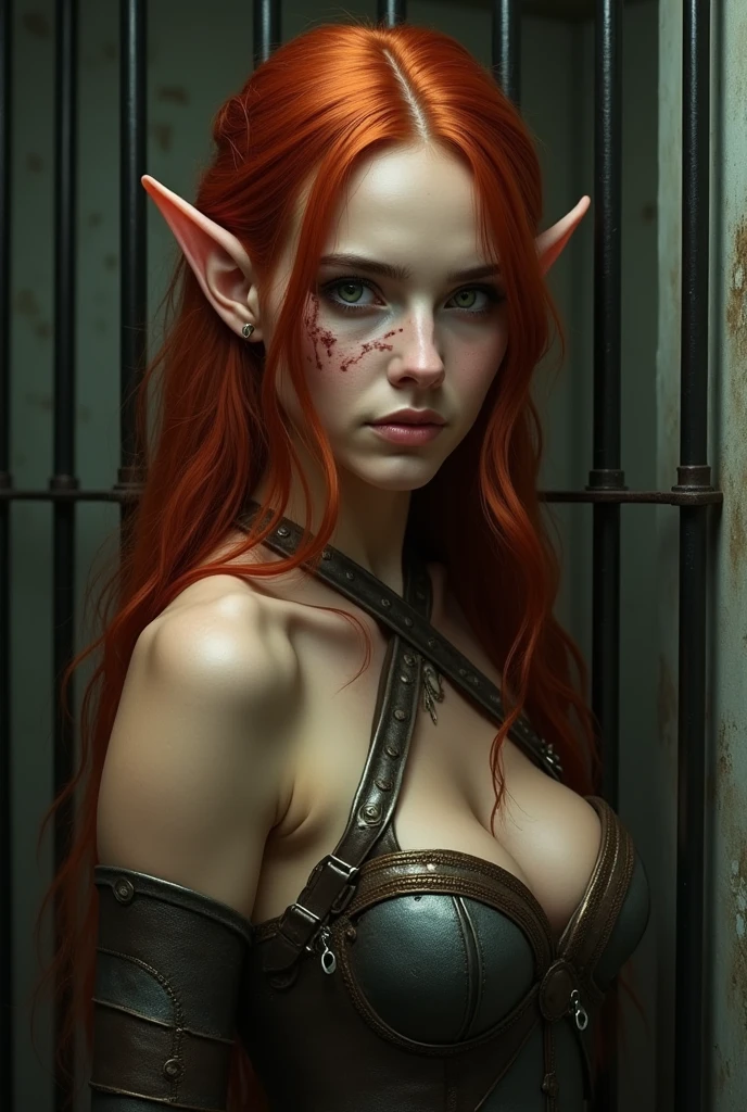 ((best quality)), ((masterpiece)),((detailed)), 1 elf girl with red hair, redhair, green pupils, focus on face, eighteen years old, sexy, sensual, long legs, athletic body, well-toned body, skinny body, fullbody, large breasts, skinny thighs, slim, medium hair, long eyelashes, elf ears, medieval street, medieval setting, medieval people in the back, (((hands tied))), metal cuffs, blushing girl, sweat on the body, standing, (((blushing face))), (((metal slave collars))), (((chain leash))), crying face, frontal, no clothes, no panties, no bra, naked, ((naked woman)), ((nude)), (((arms behind back))), sweat on body, wet body, humiliation, public humiliation, ((anxious face))
