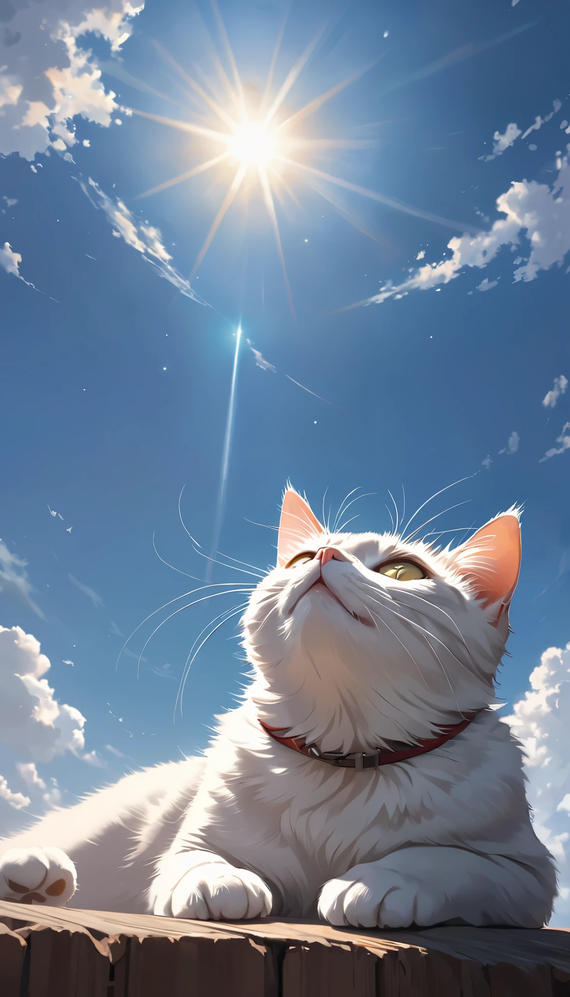 A cat is looking up at the sky, shot from grand, masterpiece, ultimate quality, super realism,