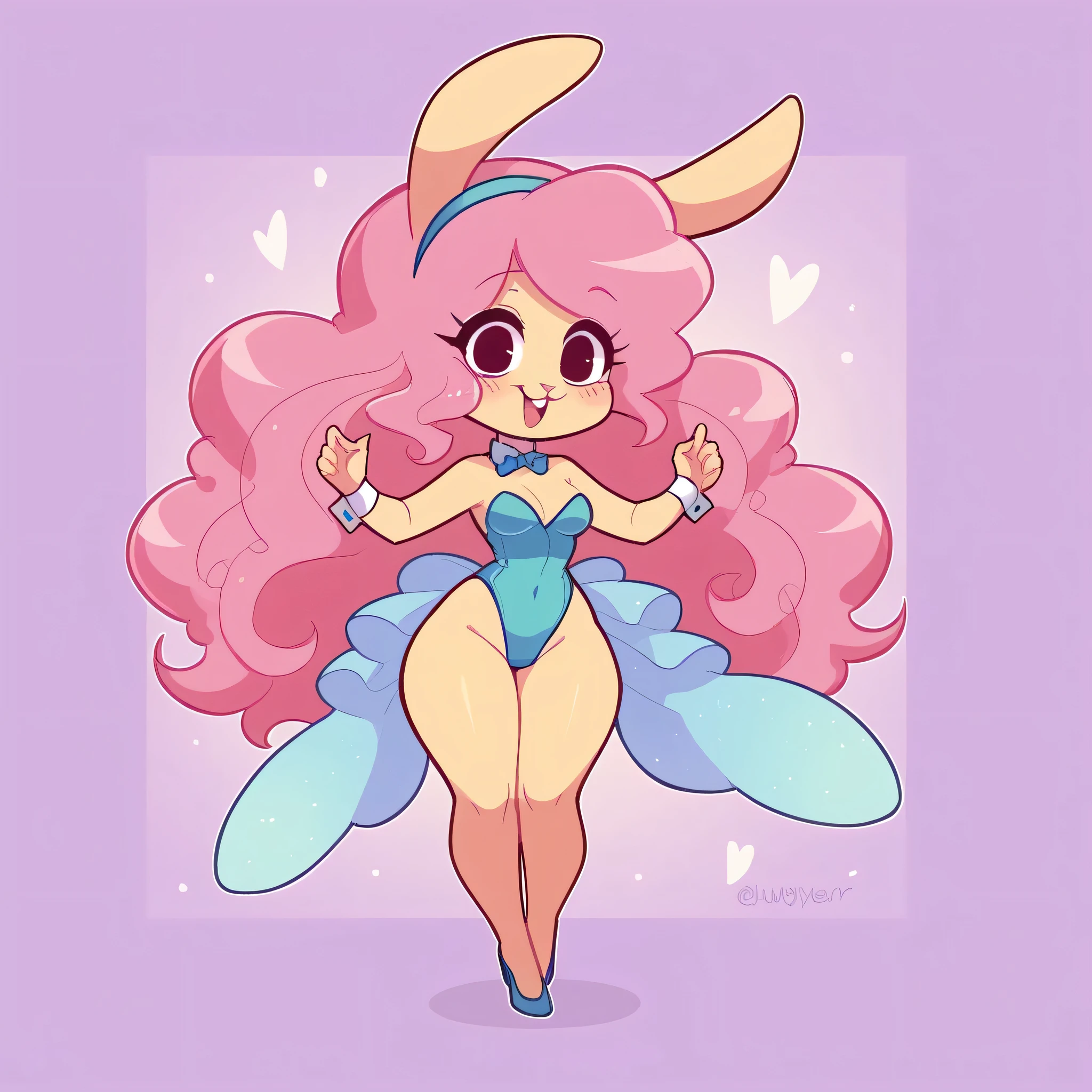 better quality, very detailed illustration , , ( Anthropomorphic furry rabbit:1,7), ruffled voluminous bouncy hair , rabbit ears, playful look, delgado, chibi body, thin waist , wide hips, simple drawing, Artifyber style , pastel flat colors , beautiful, cartoon ,solo, long curly pink hair, bunny body suit, high heels, fluffy tail, dancing 