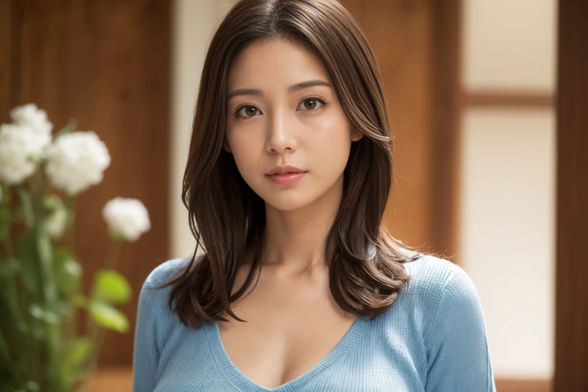 (in 8K, top-quality, ​masterpiece:1.2), (realisitic, Photorealsitic:1.37), ultra-detailliert, Natural sunlight, Undersized breasts, I can see the cleavage, 1 persons, 40-year-old woman, Dark hair, Pendants, Wine Color Light Knit V-Neck Shirt, extremely detailed face and skin, A detailed eye, extremely detailed face and skin