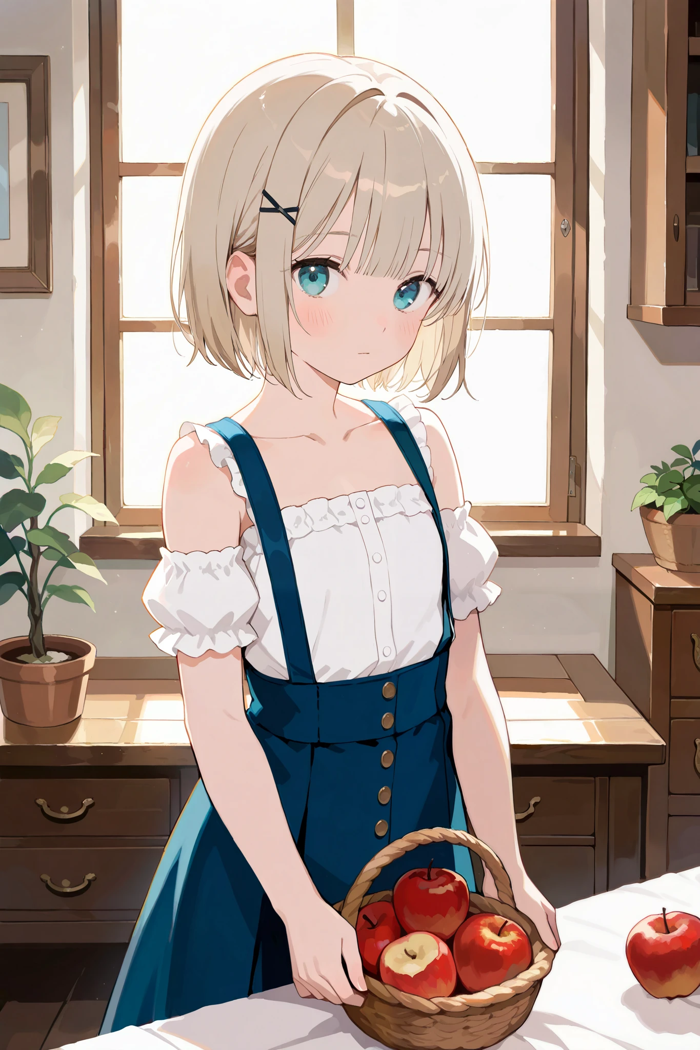 masterpiece, best quality, absurdres, very aesthetic, general,
1girl, solo, hair ornament, looking at viewer, indoors, short hair, hairclip, blue eyes, window, blush, bare shoulders, bangs, plant, closed mouth, basket, collarbone, off shoulder, white shirt, holding basket, detached sleeves, puffy short sleeves, blonde hair, suspenders, flat chest, blunt bangs, upper body, sunlight, suspender skirt, frills, standing, drawer, puffy sleeves, aqua eyes, sleeveless dress, eyebrows visible through hair, blue skirt, apple, cowboy shot, overalls, bob cut, light brown hair, table, high-waist skirt, expressionless, platinum blonde hair, eyelashes, cabinet, hairpin, chest of drawers, buttons, sleeveless shirt, eyebrows behind hair, from front, pinafore dress, white blouse, x hair ornament,