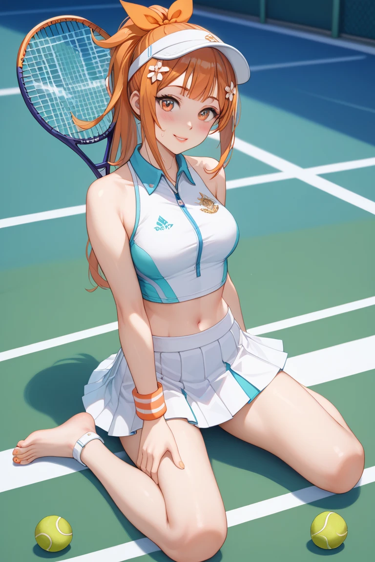 slim legs, happy, cleavage, short skirt, navel, blue eyes, tennis player, thigh high socks, stand, blonde hair, long hair, short skirt