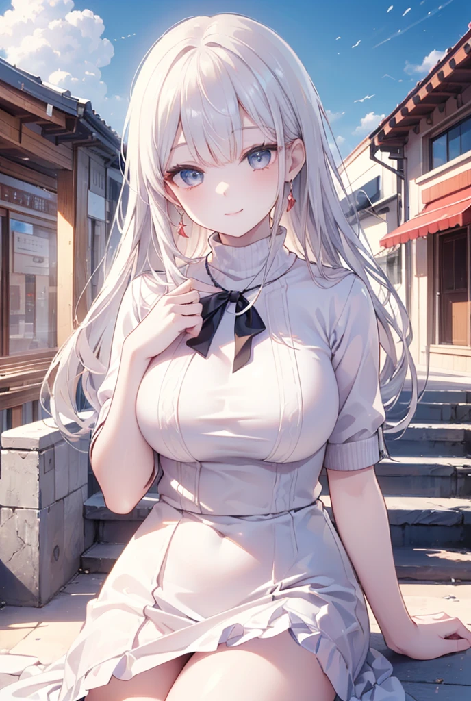 masterpiece, best quality, beta, silver hair, white shirt, frills, pencil skirt, cleavage, large breasts, walking, stairs, city street, clouds, sky, looking at viewer, smile,blue eyes
