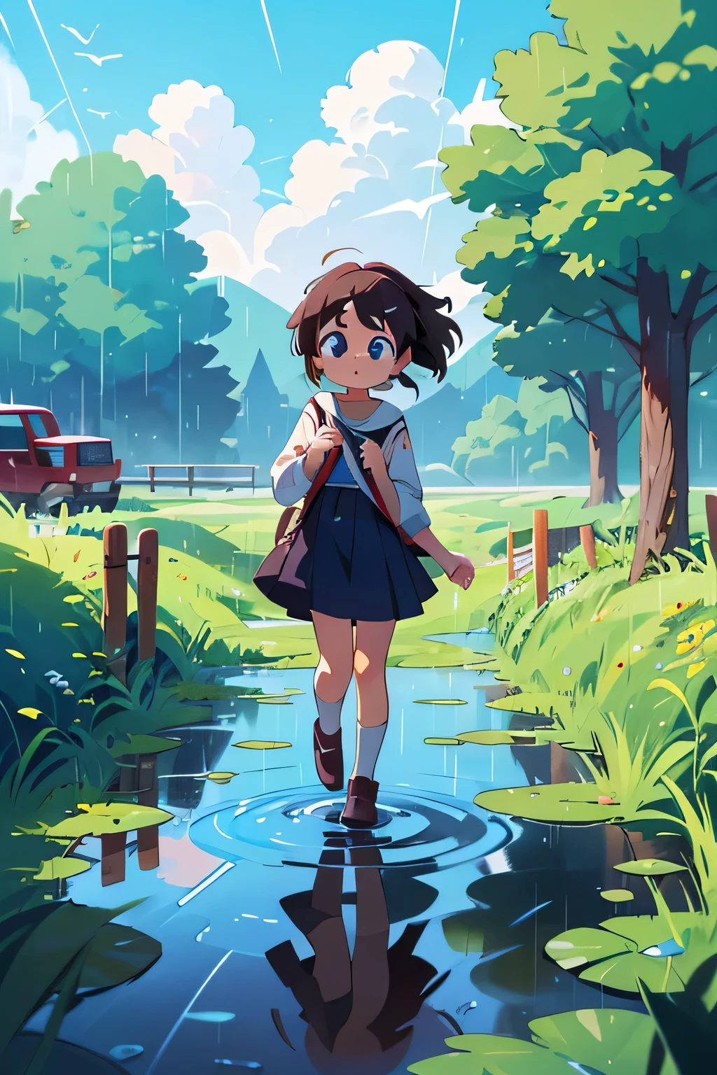 blue sky white clouds forest river background，HD，best quality，Children playing by the stream，energetic and cute，Unity Online，Ready to find the source of groundwater pollution