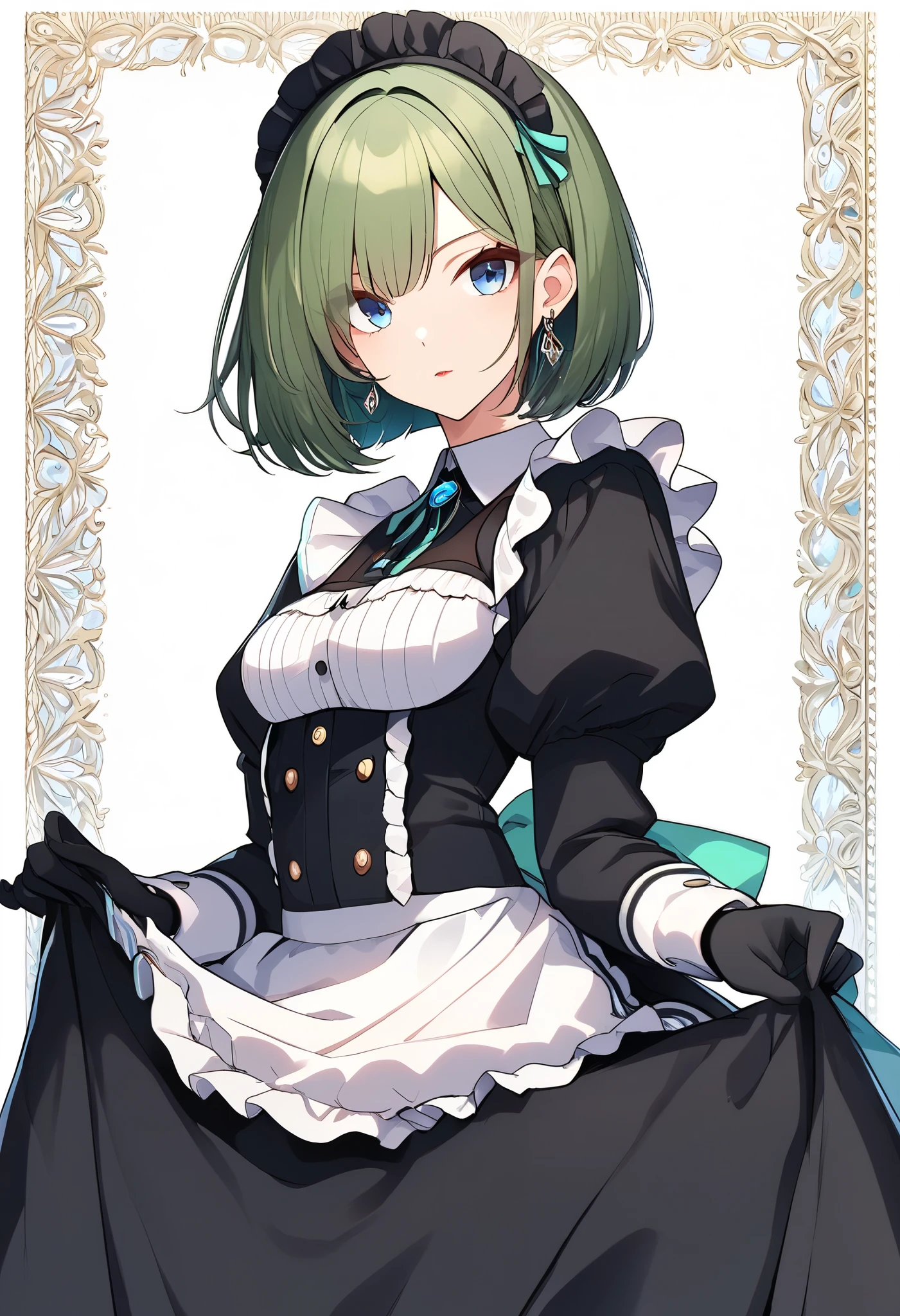 {{masterpiece、 attention to detail, perfect eyes}}、(( white background、from front, medium shot、 cowboy shot、 Eye Level Shots 、Solo Shot)) 1 woman、(Green hair、 bob cut)、yellow and blue eyes、Red lipstick、Standing、 black maid clothes、 long skirt、Earrings、battle maid、frilled apron、maid cap、elegant gloves 、 expressionless 、 have a handgun